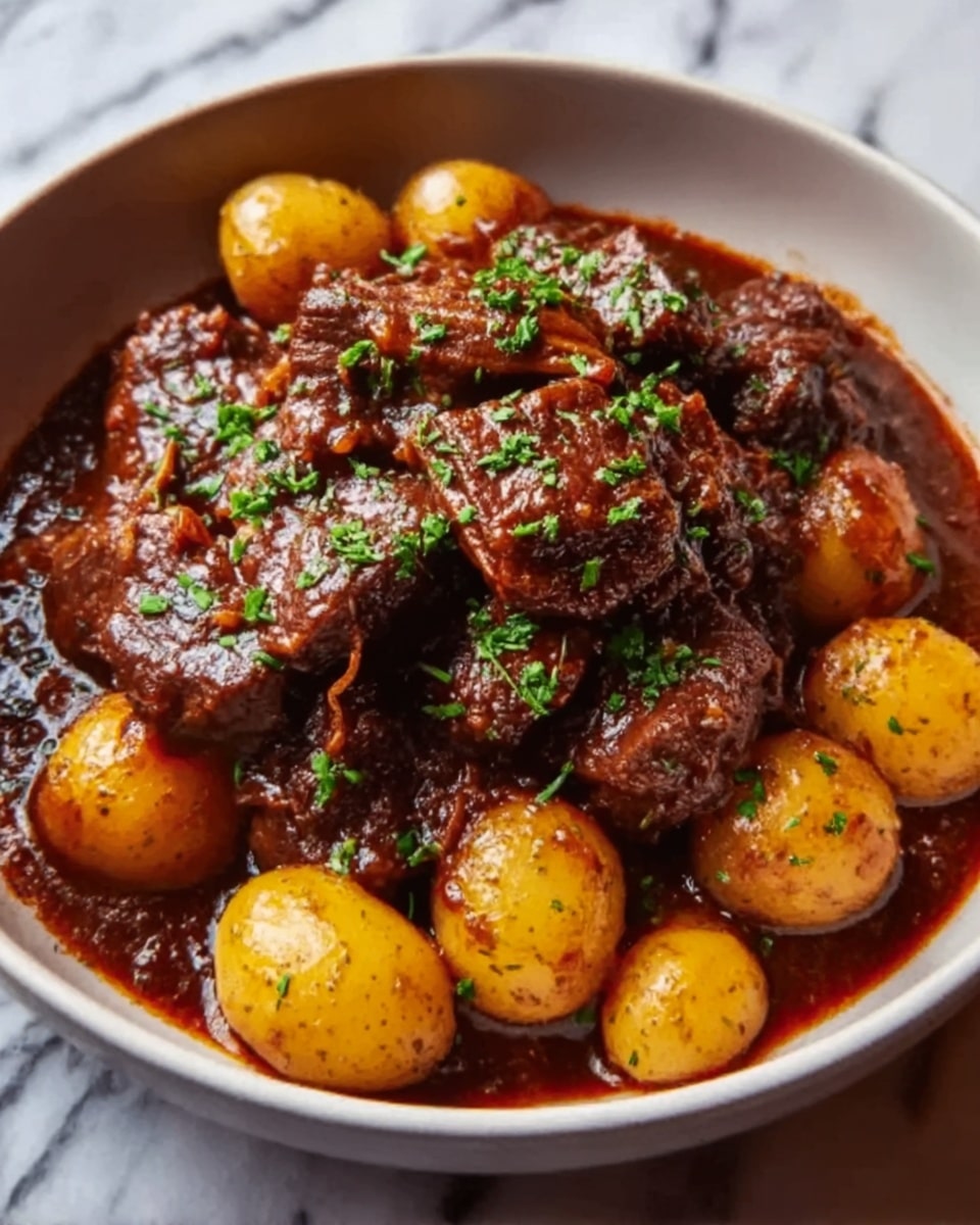A white bowl filled with a rich, dark brown stew made of tender chunks of meat, layered on top, with a thick, glossy sauce that looks spicy and well-cooked. Around the meat, there are several small golden-yellow potatoes soaking in the sauce. The dish is sprinkled with fine green herbs, adding a fresh touch on top. The background is a white marbled texture, emphasizing the colors of the food. Photo taken with an iphone --ar 4:5 --v 7