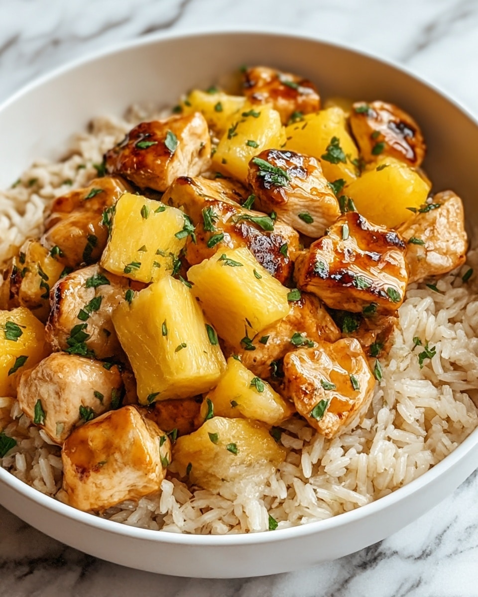 The image shows a white bowl filled with three layers of food on a white marbled surface. The bottom layer is fluffy cooked rice with a light beige color and slightly separated grains. On top of the rice are chunks of grilled chicken, golden-brown with some dark grill marks, giving a slightly shiny and glazed look. Scattered among the chicken are bright yellow pineapple pieces, juicy and glistening, cut into small chunks. The dish is finished with small chopped green herbs sprinkled evenly over the chicken and pineapple. Photo taken with an iphone --ar 4:5 --v 7