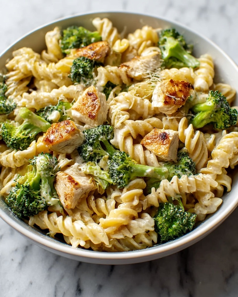 A white bowl filled with twisted rotini pasta coated in creamy white sauce, mixed with bright green broccoli florets scattered evenly throughout. Small, browned pieces of grilled chicken are layered on top and within the pasta, giving a slight golden color contrast. The textures show the pasta spiral ridges, tender broccoli, and slightly crisp chicken. The bowl sits on a white marbled surface. photo taken with an iphone --ar 4:5 --v 7