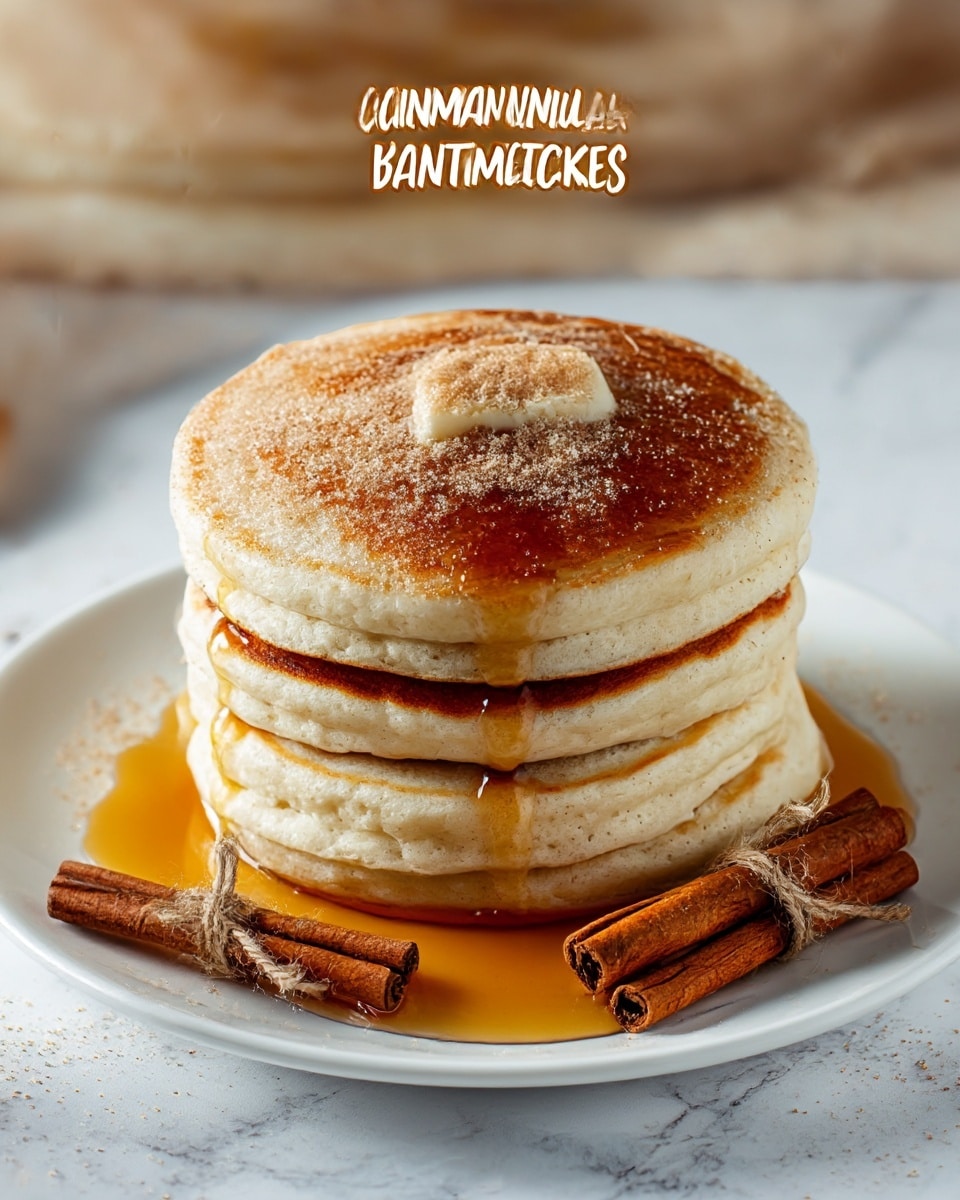A stack of four thick, fluffy pancakes with a golden brown top layer sits in the center of a white plate placed on a white marbled surface. The pancakes have a soft, light beige color with slight browning around the edges, showing their cooked texture. On top of the stack, a small amount of cinnamon sugar is sprinkled, adding a light brown contrast. Golden syrup slowly drips down the sides of the pancakes, pooling around the base in a shiny amber color. Beside the stack on the plate are three cinnamon sticks tied together with a piece of twine, adding a rustic touch. The overall setting looks warm and inviting with soft lighting highlighting the fluffy texture of the pancakes. photo taken with an iphone --ar 4:5 --v 7