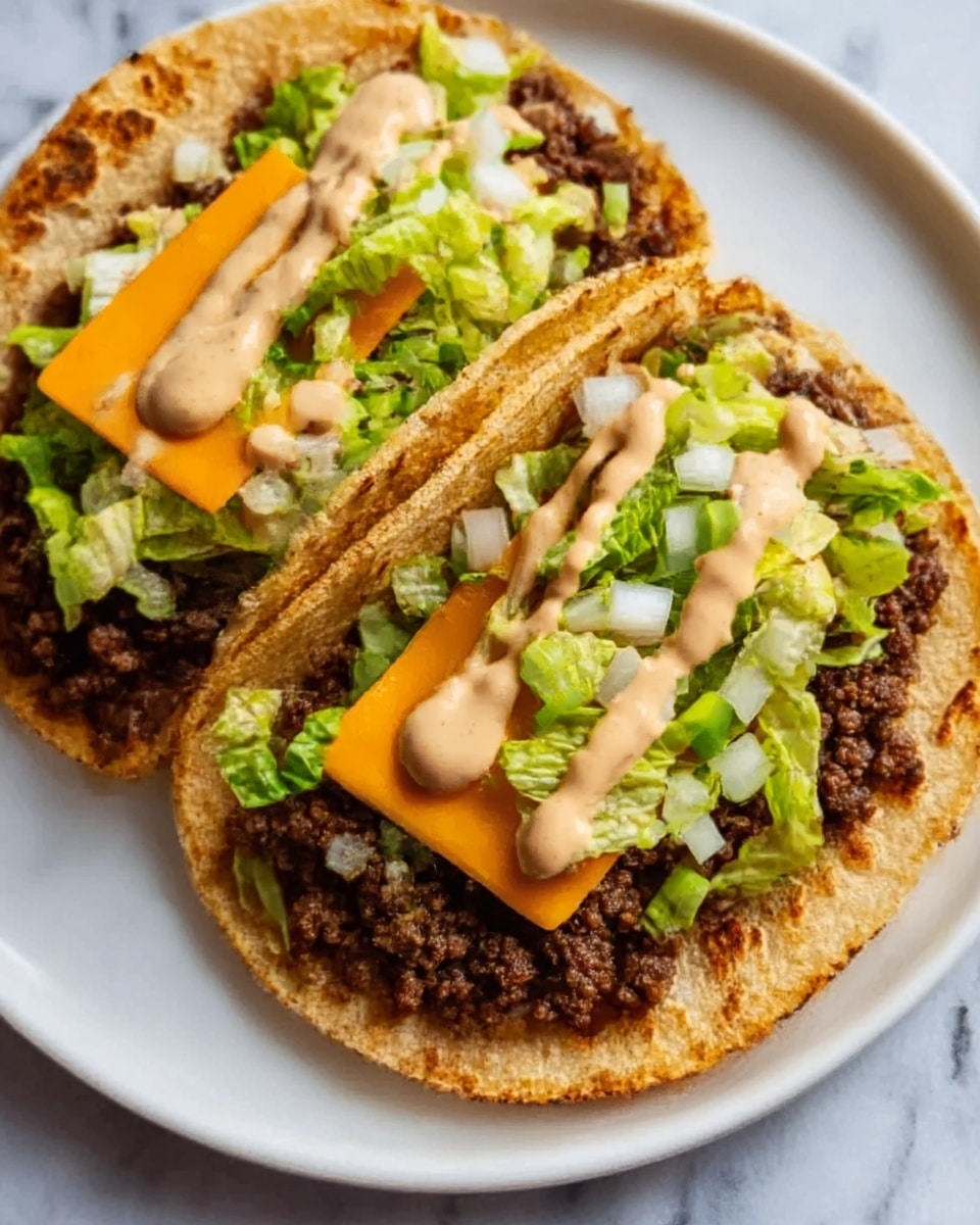 The image shows two tacos placed on a white plate on a white marbled surface. Each taco has a soft, slightly toasted tortilla base, filled with a layer of crushed ground beef that is dark brown in color. On top of the beef, there is a slice of bright orange cheddar cheese. Above the cheese, there is a generous amount of chopped light green lettuce mixed with small, white diced onions. Drizzled over the top of the lettuce and onions is a creamy beige sauce, adding texture and contrast to the fresh ingredients. The overall look is fresh and vibrant, with each layer clearly visible and well-arranged. Photo taken with an iphone --ar 4:5 --v 7