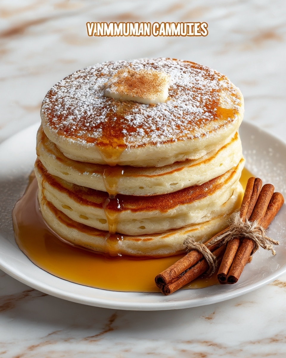 A stack of four thick, fluffy pancakes sit centered on a white plate, each pancake showing a golden brown top and light beige sides with small air pockets. A light dusting of powdered sugar rests gently on the very top pancake, crowned by a small pile of cinnamon sugar. Golden syrup cascades slowly down the sides of the stack, pooling richly at the base. To the right side of the stack on the plate, three cinnamon sticks tied with twine add a rustic touch. The plate is set on a white marbled surface that softly reflects the warm tones of the pancakes and syrup. Photo taken with an iphone --ar 4:5 --v 7