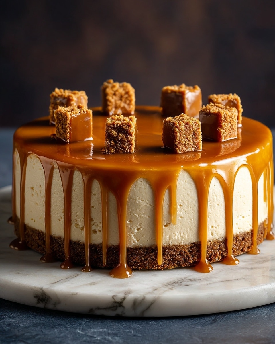 A round cheesecake with three visible layers sits on a white marbled textured surface; the bottom layer is a crumbly, dark brown crust, the thick middle layer is a smooth, light beige cheesecake, and the top layer is a shiny caramel sauce that drips down the sides in rich golden streams. On top of the caramel, there are eight small square pieces of a crumbly brown topping evenly spaced around the edge. The background is dark and blurry, highlighting the cake's textures and colors. Photo taken with an iphone --ar 4:5 --v 7