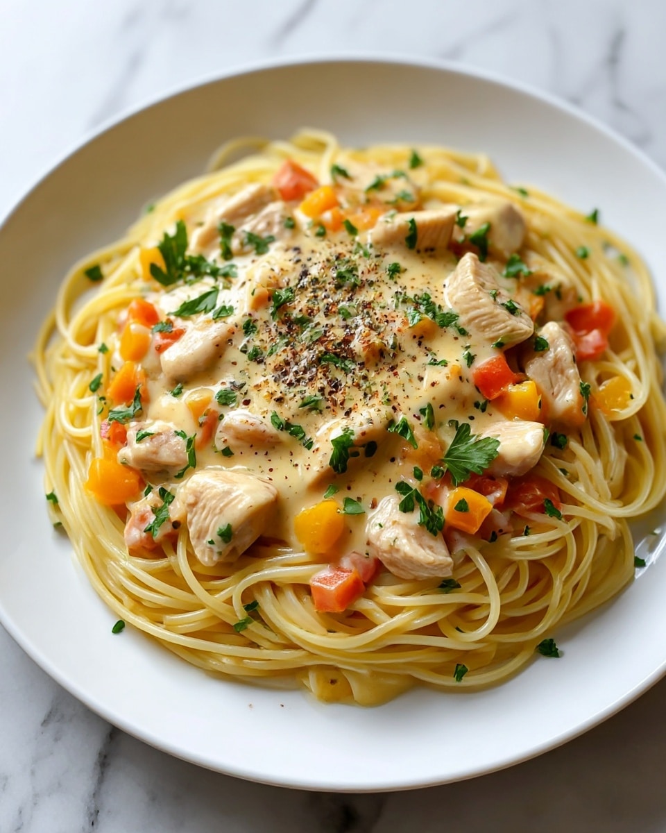 A white plate holds a nest of creamy spaghetti pasta that forms the base layer, coated with a smooth, light yellow sauce. Mixed throughout the pasta are small chunks of cooked chicken, tender and pale with light brown edges, and diced orange bell peppers that add bright pops of color. Fresh green parsley leaves are scattered evenly on top, adding a fresh touch. The dish is finished with a sprinkle of coarse black pepper over the central area, enhancing the creamy sauce’s texture and color. The whole plate sits on a white marbled surface. photo taken with an iphone --ar 4:5 --v 7