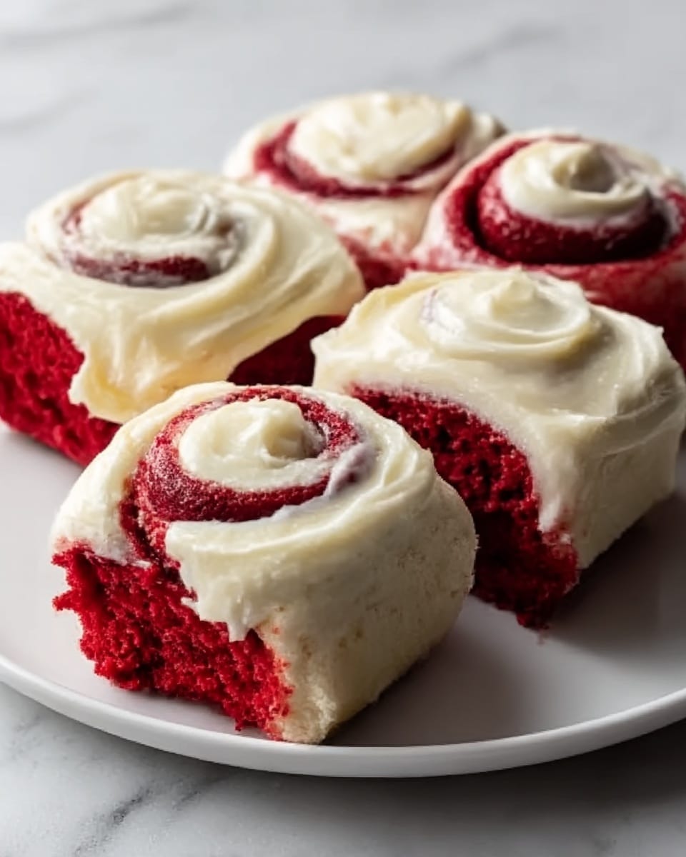 The image shows four red velvet cinnamon rolls on a round white plate sitting on a white marbled surface. Each roll is thick and spiral-shaped with deep red layers visible, topped generously with smooth, creamy white frosting. The frosting covers the top and flows slightly down the sides, contrasting with the bright red dough beneath. One roll is cut open, exposing its soft, moist red interior with soft frosting spread inside the layers. The lighting highlights the texture of the rolls and frosting clearly. Photo taken with an iphone --ar 4:5 --v 7