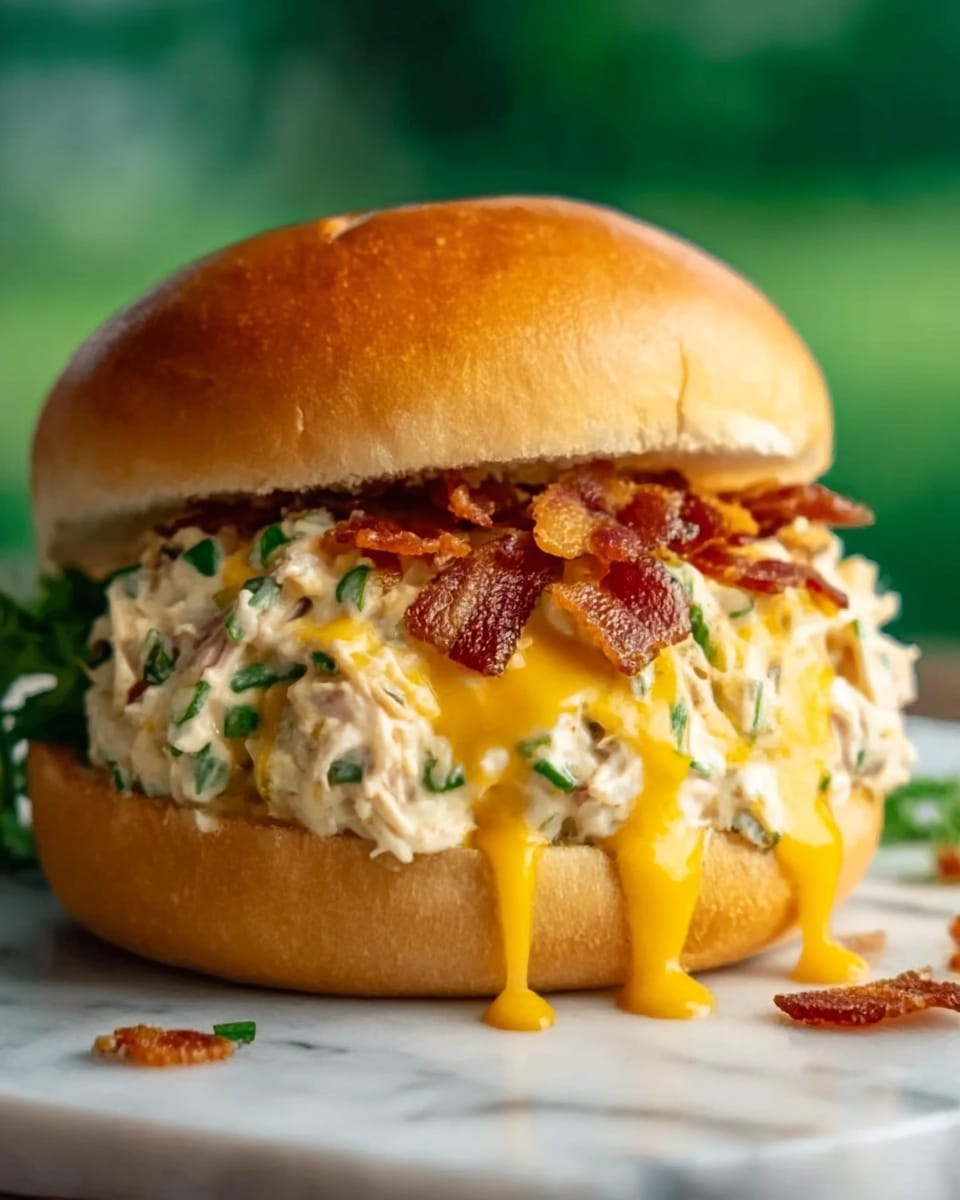 A sandwich with a soft, golden-brown bun filled with creamy chicken salad mixed with small green herbs, topped with melted bright yellow cheese dripping down the sides, and small pieces of crispy bacon sprinkled on top. The sandwich is placed on a white marbled surface with a green blurry background. Photo taken with an iphone --ar 4:5 --v 7