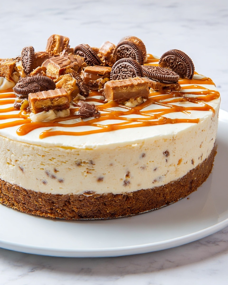 The dessert is a layered cheesecake with three clear layers visible from the side: the bottom layer is dense, brown, and textured like a thick cookie or brownie base; the middle layer is a smooth, pale cream cheese filling with small dark specks; and the top layer is a thin, white cream spread evenly. On top, there are thin, wavy lines of caramel-colored sauce spread across the surface, decorated with chopped pieces of chocolate candy bars and whole round sandwich cookies. The cheesecake is displayed on a white plate set against a white marbled surface. photo taken with an iphone --ar 4:5 --v 7
