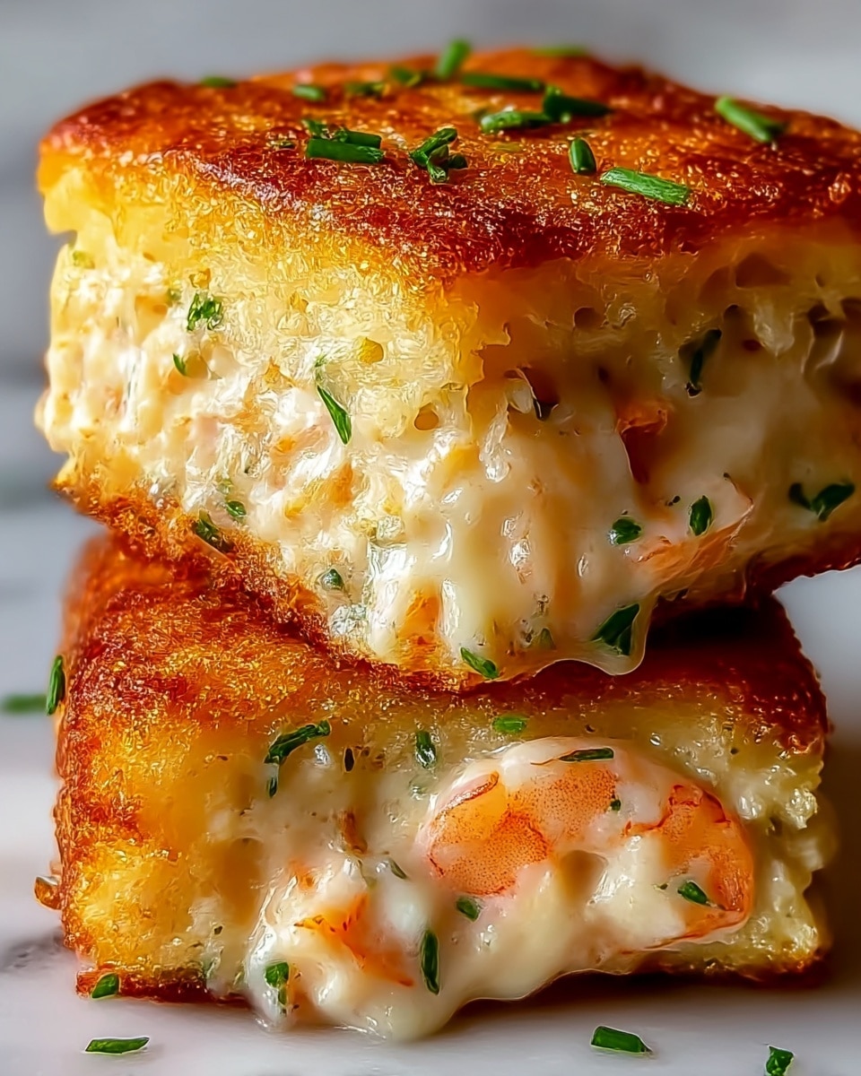 Two thick, golden-brown crispy square patties stacked on a white marbled surface. Each patty has two layers: the top and bottom are a crunchy, browned exterior, while the middle layer is a creamy, cheesy filling with small bits of orange shrimp mixed in. Bright green chopped herbs are sprinkled inside the filling and lightly on top, adding color contrast. The patties are moist and slightly glossy, showing melted cheese stretching at the edges. Photo taken with an iphone --ar 4:5 --v 7