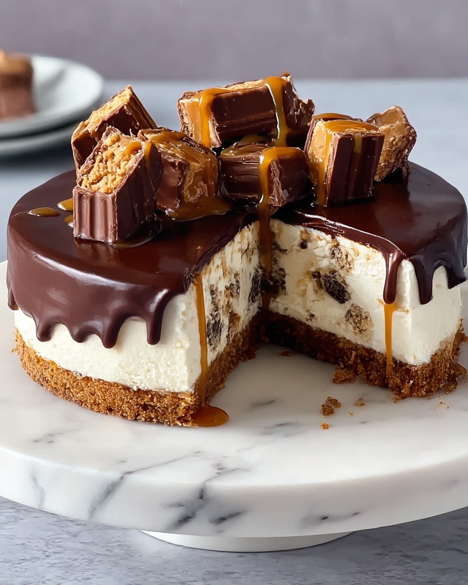 The dessert is a round cheesecake with three visible layers standing on a white marbled cake stand: the bottom layer is a crumbly brown biscuit crust, the middle layer is thick white cream with cookie pieces mixed inside, and the top layer is a smooth, glossy dark chocolate ganache with drips down the sides. On top of the ganache, there are large chunks of chocolate-covered caramel candy scattered, with caramel sauce dripping over some pieces and onto the cake and cake stand. A slice has been removed, showing the inside layers clearly. photo taken with an iphone --ar 4:5 --v 7