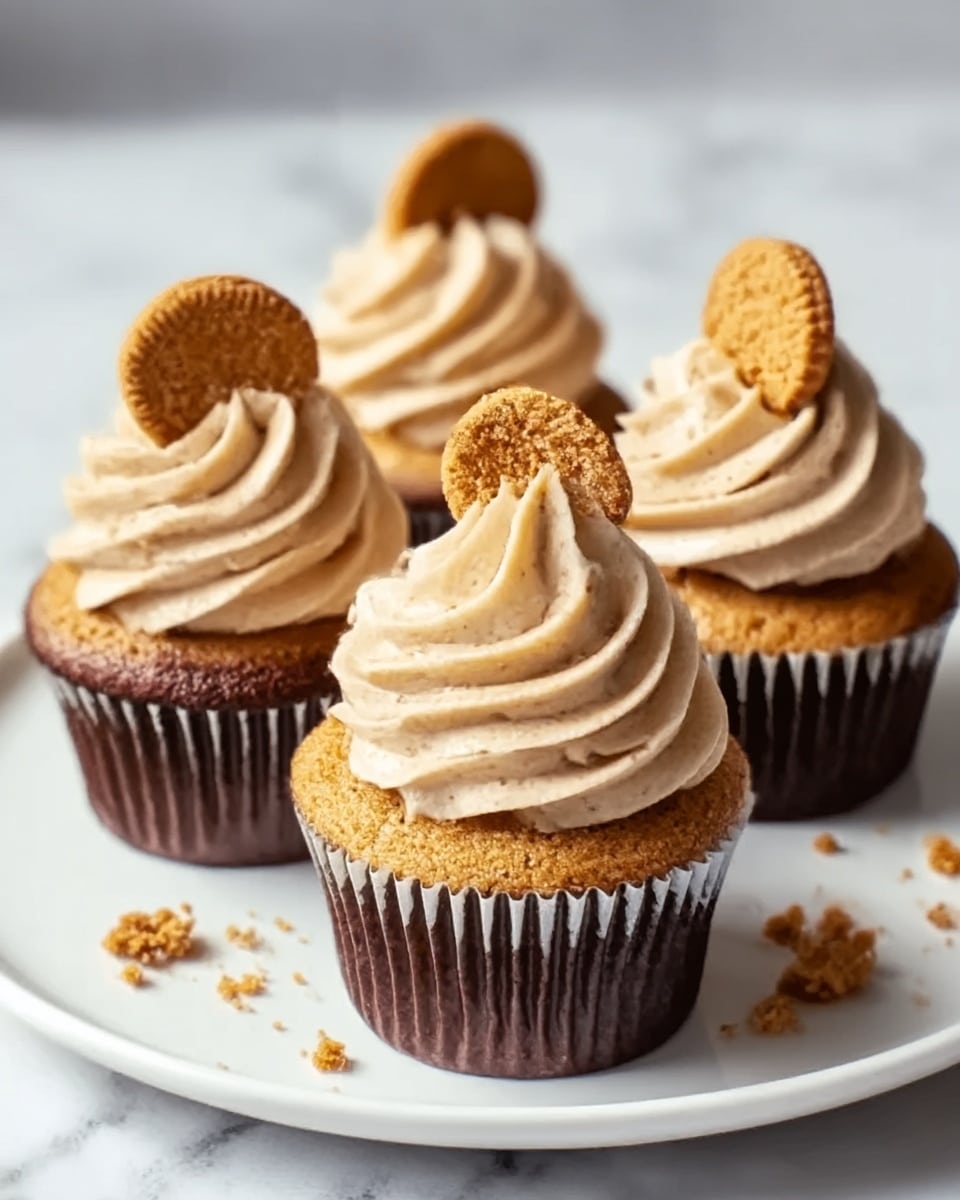 The image shows four cupcakes on a white plate placed on a white marbled surface. Each cupcake has a dark chocolate brown base with a golden brown cake layer on top. Swirled on top of each cupcake is a light beige creamy frosting, smooth and thick, piled high in a spiral shape. Each cupcake is topped with a small, golden brown cookie piece stuck into the frosting. Some small crumbs are scattered around the plate. The photo taken with an iphone --ar 4:5 --v 7