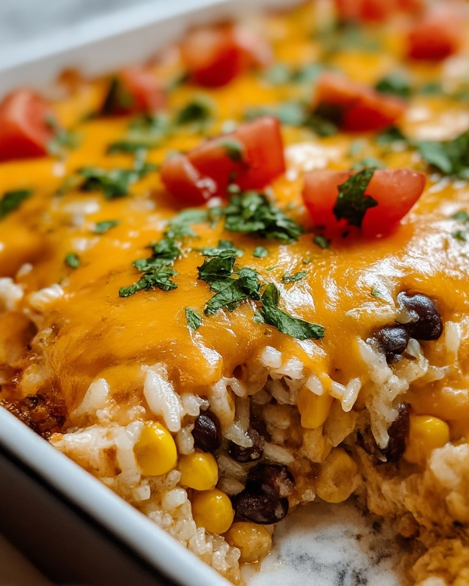 The close-up image shows a baked dish with several visible layers. The bottom layer consists of rice mixed with corn kernels and black beans, giving it a soft texture and a mix of light beige, yellow, and black colors. Above the rice layer is melted cheese that is golden orange, stretching slightly as it covers the rice. Scattered on top of the cheese are small pieces of red tomato and fresh green chopped herbs, adding a bright splash of color. The dish is set on a white marbled surface. photo taken with an iphone --ar 4:5 --v 7