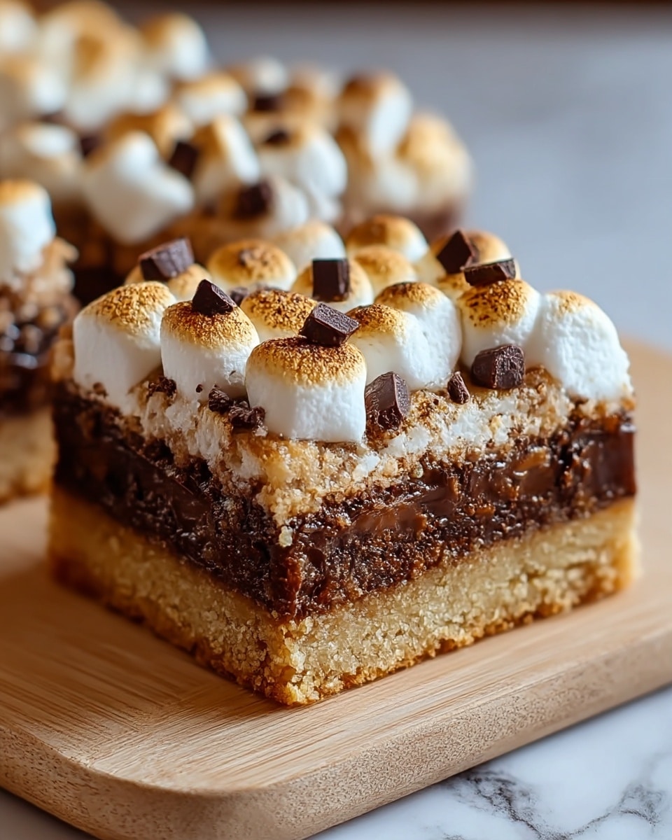 A close-up view of a square dessert bar showing three distinct layers, starting with a thick, crumbly golden-brown base layer, followed by a rich, dark brown chocolate filling in the middle that has a gooey texture, and topped with a layer of golden toasted mini marshmallows that are slightly browned on top. Small dark chocolate pieces are sprinkled over the marshmallows. The dessert sits on a light wooden board with a blurred white marbled background. photo taken with an iphone --ar 4:5 --v 7