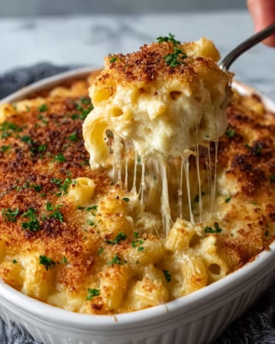 The image shows a close-up of a white baking dish filled with baked macaroni and cheese. The top layer is golden brown and crispy with some green parsley sprinkled on it. A woman's hand is holding a spoon lifting a portion of macaroni, with gooey, melted cheese stretching from the dish to the spoon. The mac and cheese underneath the crust looks creamy and rich, with tubular pasta coated in thick cheese sauce. The dish sits on a white marbled surface. Photo taken with an iphone --ar 4:5 --v 7