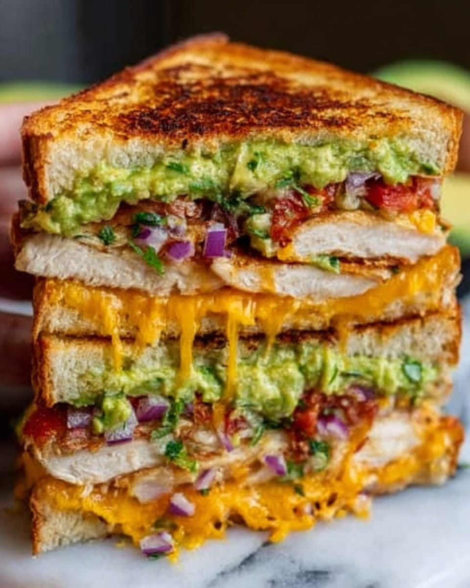 The image shows a thick sandwich cut in half, stacked with three layers of toasted golden-brown bread. Inside, there are layers of melted bright orange cheddar cheese, juicy grilled chicken breast with a light brown surface, fresh green mashed avocado spread, chopped red onions, and small bits of red tomato. The sandwich is held upright by a woman's hand, and the background is a white marbled texture. photo taken with an iphone --ar 4:5 --v 7