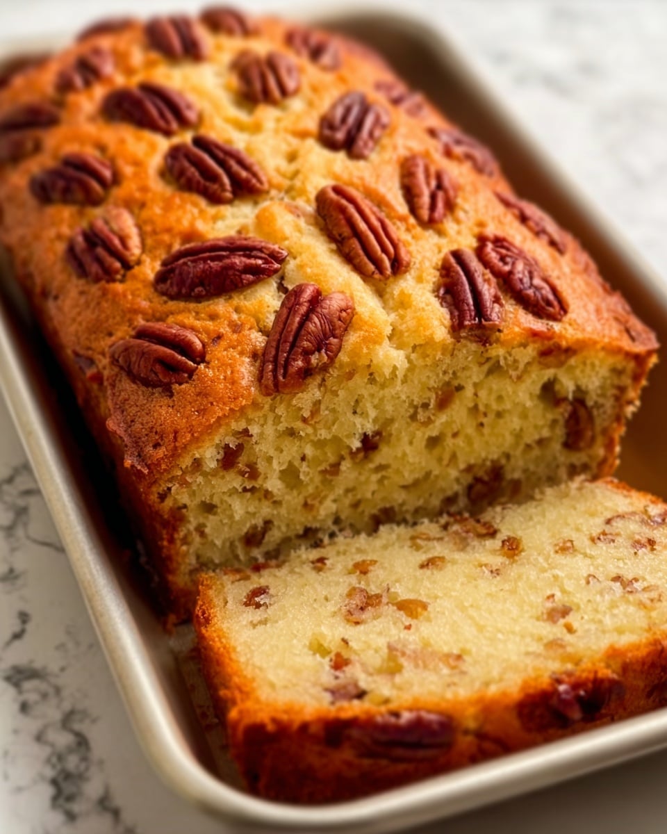 The image shows a loaf of nut bread placed on a metal baking tray. The bread has a golden-brown top with many whole pecans scattered evenly across the surface. Inside the loaf, the texture is light and fluffy with many small pieces of nuts evenly spread throughout the soft, yellowish bread. The bread's edges are slightly darker, showing it is well baked. The background is a white marbled texture. photo taken with an iphone --ar 4:5 --v 7
