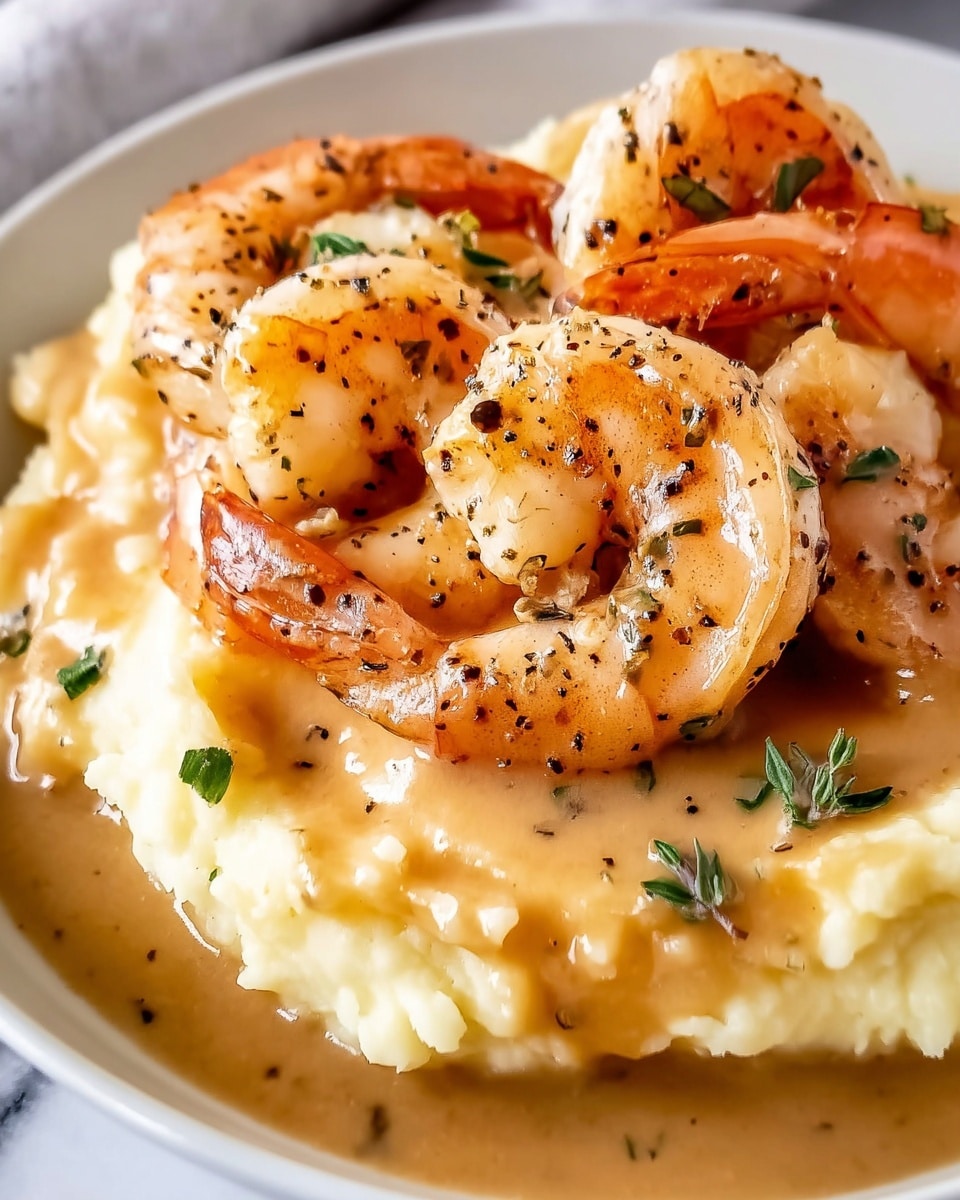 A close-up of three cooked shrimp with a pink-orange color and slight black pepper specks are placed on top of a smooth, creamy light yellow mashed potato base. The shrimp are coated with a light brown gravy that spreads over the mashed potatoes, adding shine and texture. Small green herb pieces are sprinkled over the shrimp and gravy, adding color contrast. The dish sits on a white plate against a white marbled surface. photo taken with an iphone --ar 4:5 --v 7
