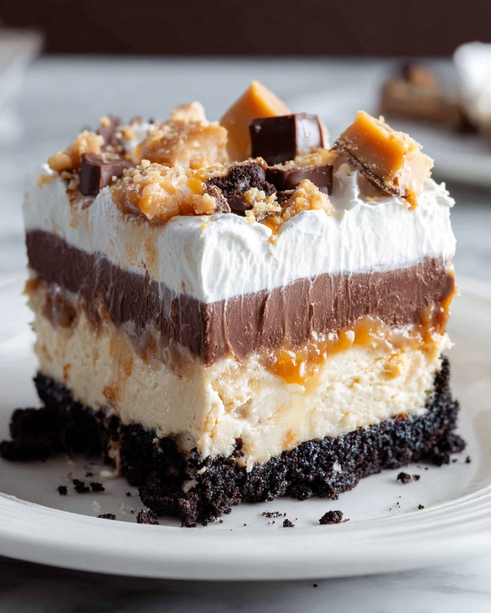 A slice of layered dessert sits on a white plate with an uneven crumbly dark cookie base as the first layer. Above that is a creamy beige layer with some texture, followed by a smooth, thick dark brown chocolate layer. The top layer is a thick, fluffy white cream with a slightly textured surface. The dessert is topped with scattered small chunks of caramel and light brown candy pieces. The white marbled surface beneath adds a clean look. Photo taken with an iphone --ar 4:5 --v 7