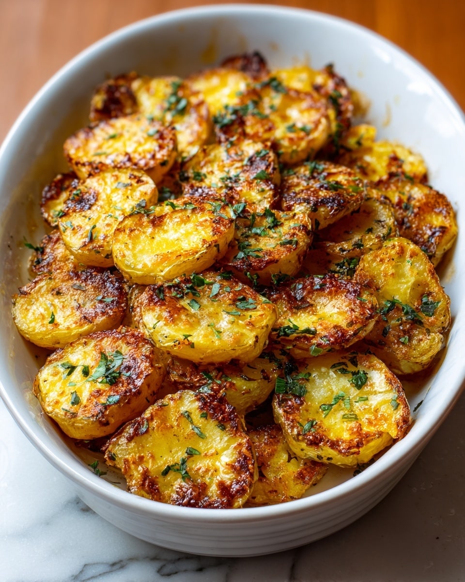 The image shows a white oval dish filled with round, golden-brown roasted potato slices. Each potato slice is thick, about two layers high, with crispy edges and a soft inside. The surface of the potatoes has a slightly crunchy texture with some charred spots, giving a mix of yellow and dark brown colors. Small green herb leaves are scattered evenly on top, adding a fresh contrast. The dish sits on a white marbled surface, and the warm lighting brings out the rich colors of the potatoes. photo taken with an iphone --ar 4:5 --v 7