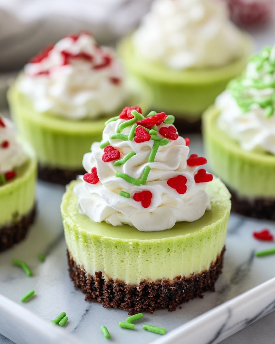 The image shows a close-up of a green mini cheesecake with three visible layers on a white plate with a white marbled surface background. The bottom layer is a dark brown crumbly crust, the middle layer is a smooth bright green cheesecake, and the top layer is a swirl of white whipped cream. The whipped cream is decorated with red heart-shaped sprinkles and long green sprinkles scattered on top. Around the main cheesecake, there are other similar green cheesecakes with white whipped cream on top, but without sprinkles. Photo taken with an iphone --ar 4:5 --v 7
