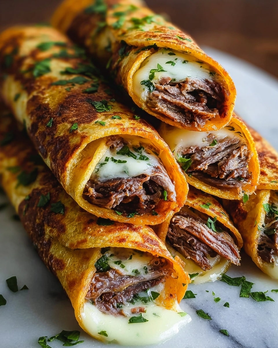 Five rolled tacos are stacked on a white marbled surface, each with a golden brown crispy tortilla on the outside. Inside, the tacos have two main layers: a layer of tender, shredded brown beef with some green chopped herbs mixed in, and a melted white cheese that is creamy and stringy. The tacos are sprinkled with fresh green chopped herbs on top, adding a splash of color against the golden tortillas. The tacos are close together, showing the soft yet crispy textures clearly. photo taken with an iphone --ar 4:5 --v 7