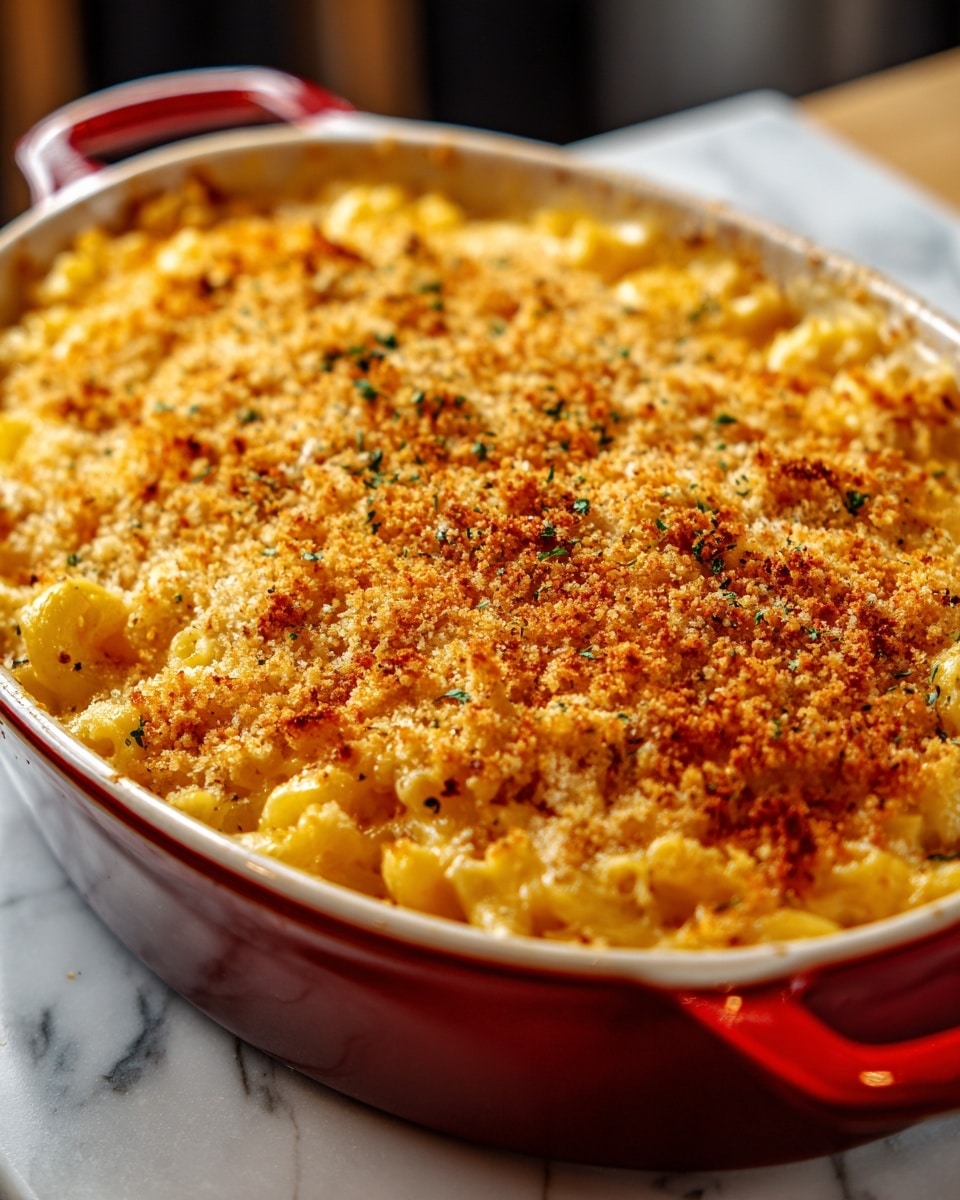 A close-up of a baked macaroni and cheese dish in a white oval ceramic baking dish with red handles, showing a golden brown breadcrumb crust on top with visible specks of herbs. Underneath the crumbly crust, the creamy yellow macaroni is peeking out, tightly packed and baked to a slight crisp around the edges, resting on a white marbled surface. photo taken with an iphone --ar 4:5 --v 7