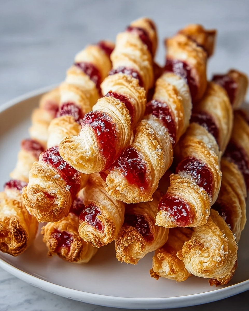 The image shows a white plate full of twisted pastry sticks filled with red jam. Each pastry has several thin, crispy layers that are golden brown and look crunchy. The jam is bright red and shiny, visible through the twists of the pastry, and some sugar crystals are sprinkled on top, adding a bit of sparkle. The pastries are stacked casually on the plate. The background is a white marbled texture. photo taken with an iphone --ar 4:5 --v 7