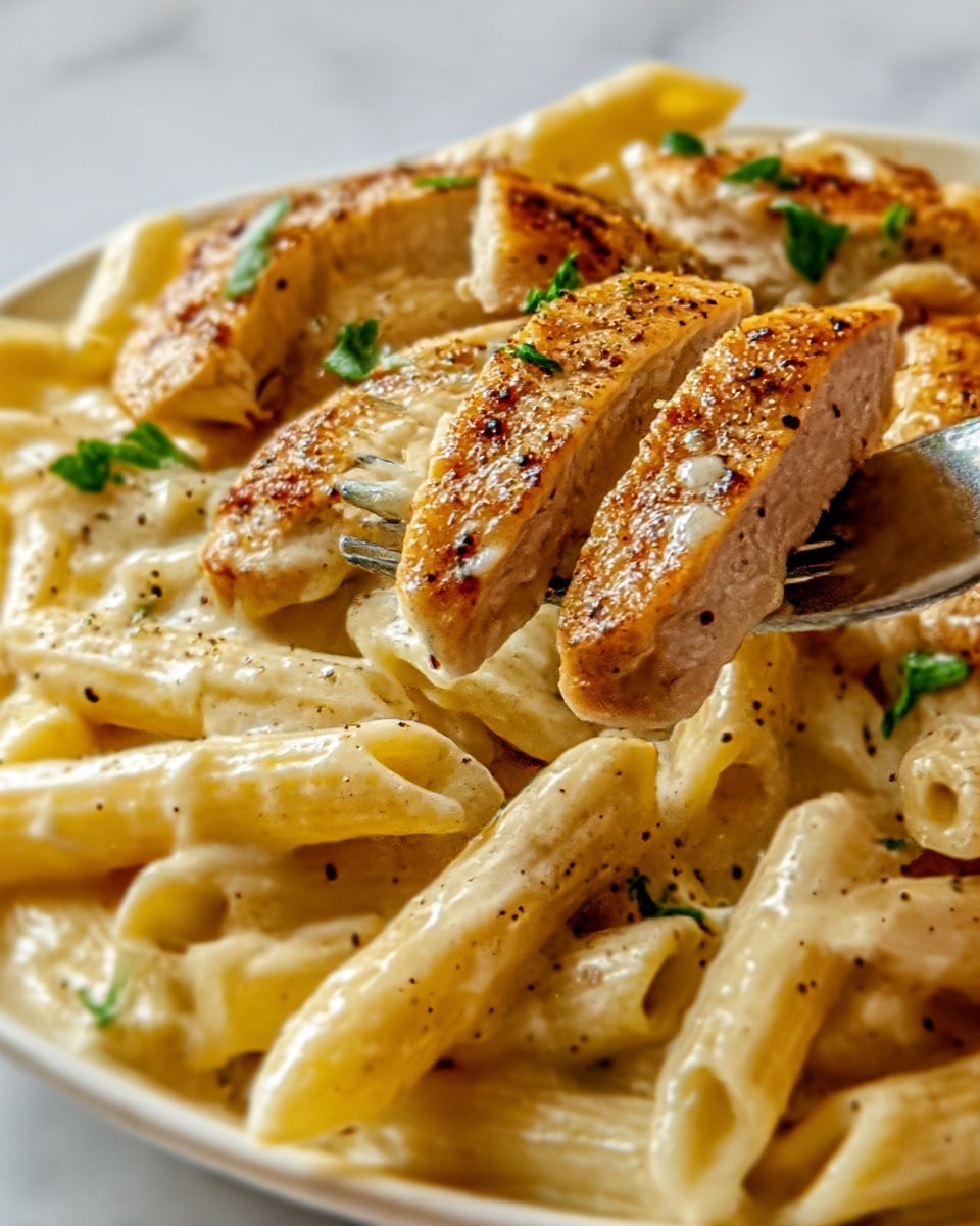 A close-up view of creamy pasta with grilled chicken strips on top, showing two main layers: the bottom layer is penne pasta coated in a rich, smooth cream sauce with a light yellow color and soft texture, and the top layer consists of golden-brown grilled chicken pieces with a slightly crispy surface, sprinkled with small green parsley bits and black pepper flakes for color contrast. The dish is presented on a white plate resting on a white marbled surface, with a woman's hand holding a fork lifting some pasta from the plate. photo taken with an iphone --ar 4:5 --v 7