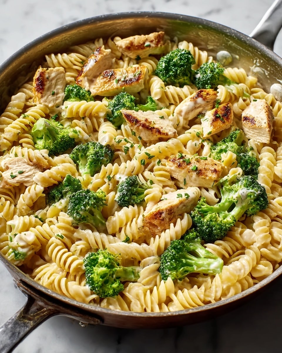 A close-up view of a frying pan filled with a creamy pasta dish featuring three main layers: the base layer consists of tightly spiraled rotini pasta in a light yellow color, scattered evenly throughout; the middle layer is made up of bright green broccoli florets adding a fresh, textured contrast, arranged between the pasta; and the top layer features pieces of grilled chicken, golden brown with slight char marks, placed sporadically on top of the pasta and broccoli. The dish is lightly coated with a creamy white sauce that adds a smooth texture and some green chopped herbs sprinkled evenly for garnish. The pan sits on a white marbled surface. photo taken with an iphone --ar 4:5 --v 7