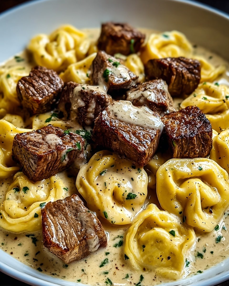 A white plate filled with a creamy beige sauce as the base layer, dotted with finely chopped green herbs throughout. On top, there is a generous layer of golden yellow tortellini pasta, each piece smooth and plump with visible folds, arranged evenly around the plate. Resting on the pasta is a layer of browned, juicy beef cubes with a seared texture and slight grill marks. The beef is coated with a glossy drizzle of the creamy sauce, adding a shiny, rich appearance. Small black pepper specks are scattered over the whole dish, enhancing its texture and color contrast. photo taken with an iphone --ar 4:5 --v 7