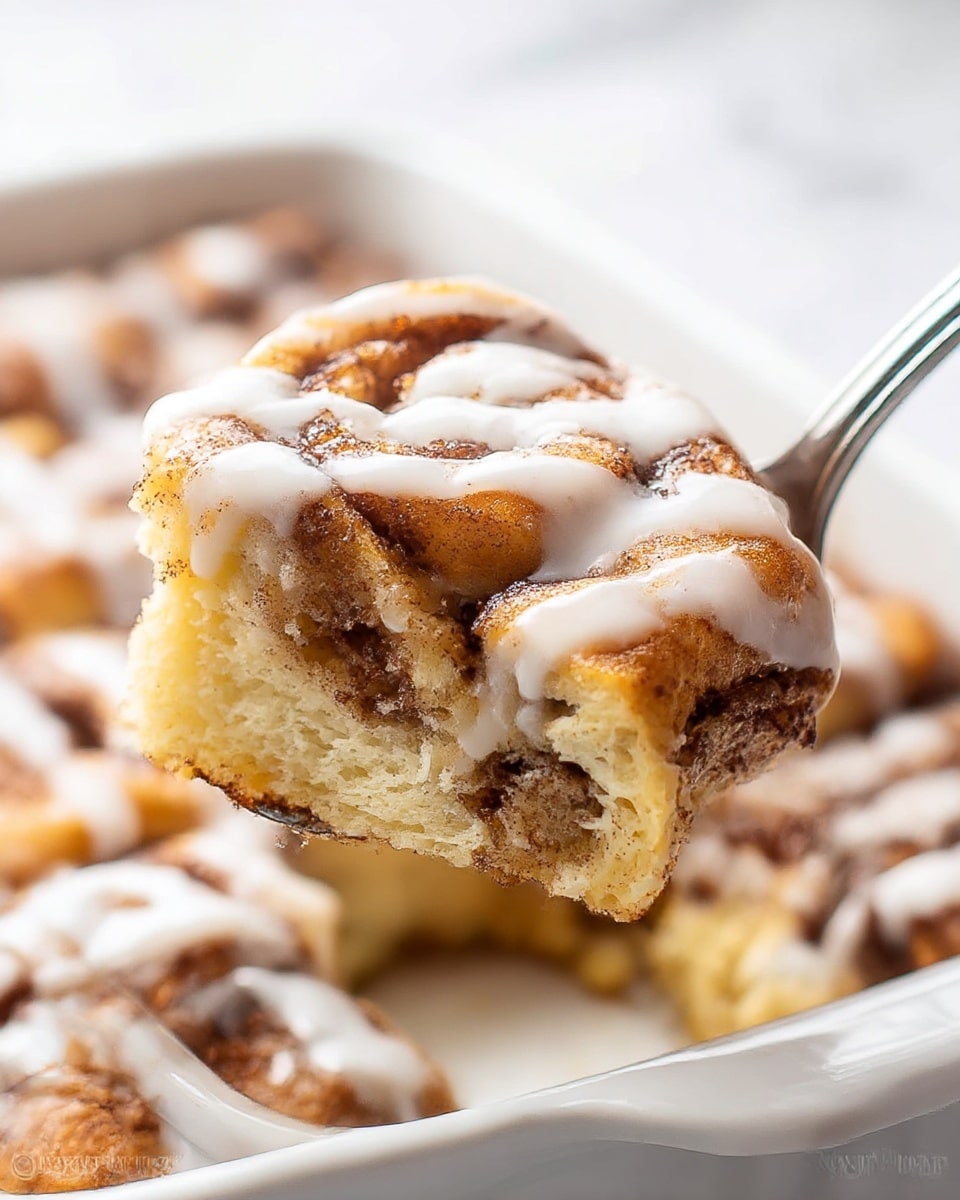 A close-up image shows a square section of cinnamon roll bread pudding being lifted by a spoon from a white ceramic baking dish. The bread pudding has a golden brown color with swirls of dark brown cinnamon visible throughout its soft, fluffy texture. White icing is generously drizzled over the top, adding a smooth, glossy contrast. The layers include the light, airy bread base, the cinnamon-spiced swirl in the middle, and the creamy icing on top. The background features a white marbled surface, giving the photo a clean and bright look. photo taken with an iphone --ar 4:5 --v 7