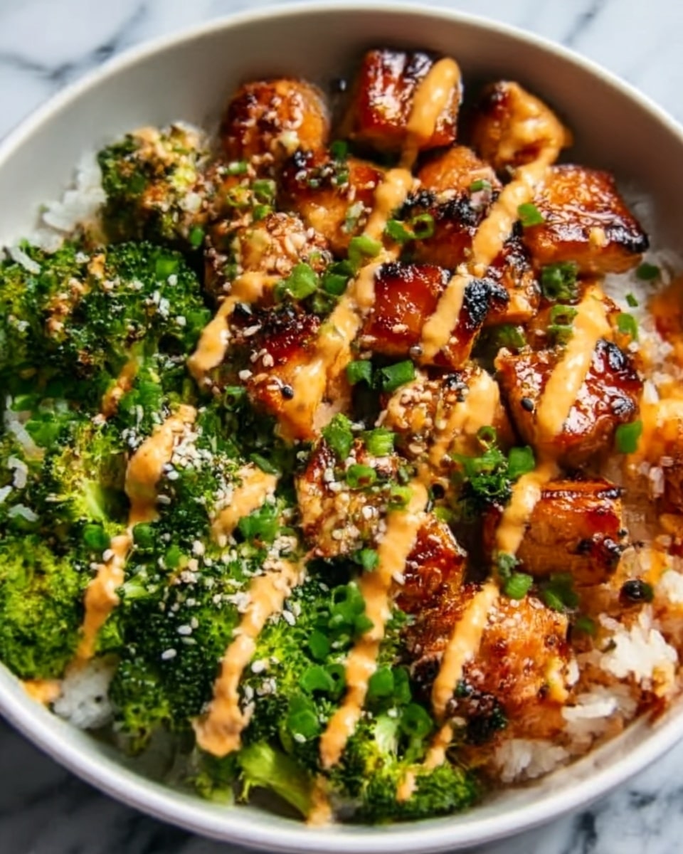 A white bowl filled with a bed of soft white rice, topped with two layers of grilled salmon pieces coated in a shiny, slightly charred glaze. On one side, bright green broccoli florets add vibrant color, sprinkled with sesame seeds and finely chopped green onions. The salmon is drizzled with a creamy orange sauce and a darker sauce, creating a rich texture contrast. The overall look is fresh and colorful against a white marbled surface. photo taken with an iphone --ar 4:5 --v 7