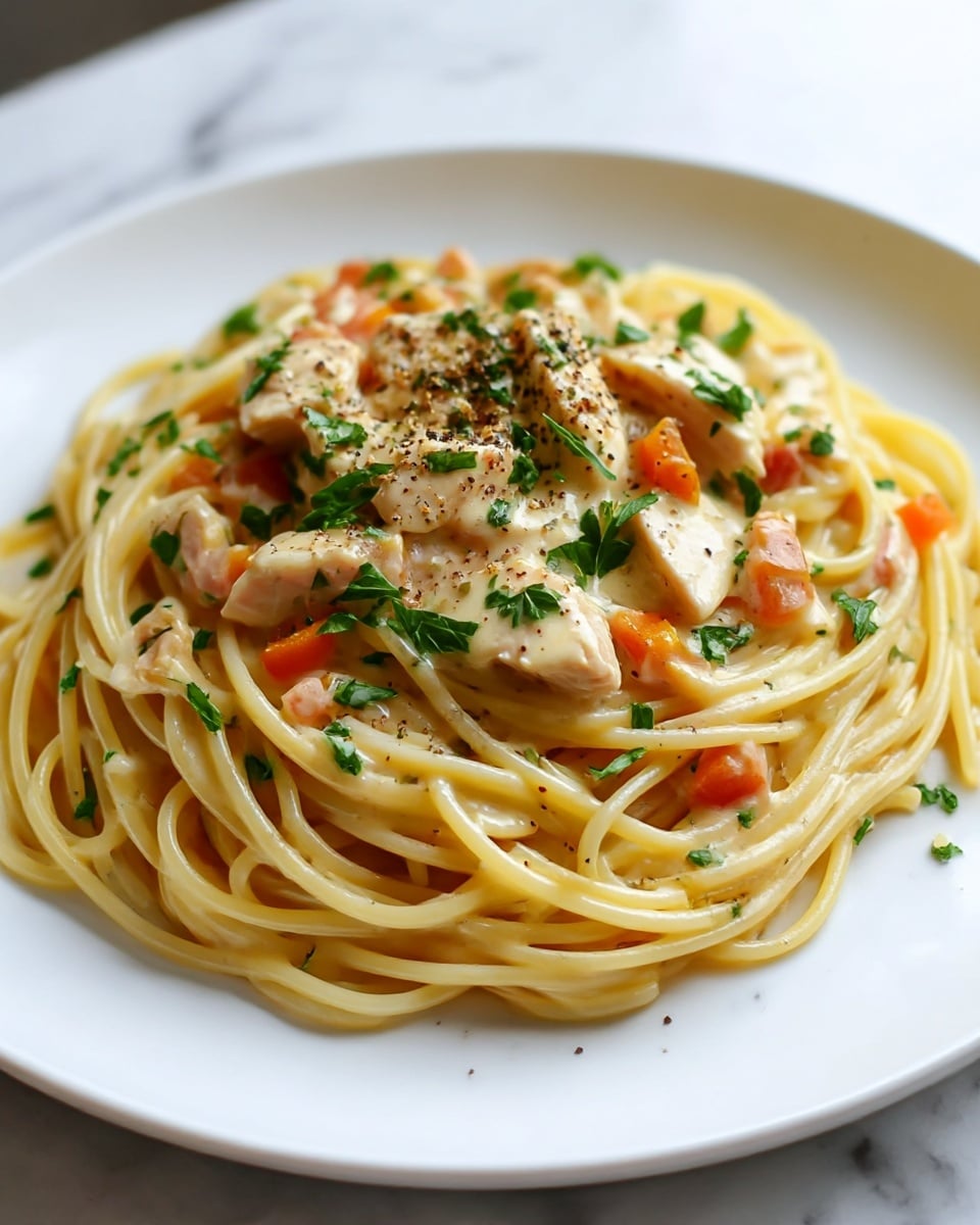 A white plate holds a nest of creamy spaghetti with a light beige sauce, speckled with finely ground black pepper. Inside and on top of the spaghetti are tender pieces of cooked chicken, light brown and juicy in texture. Bright orange and red diced bell peppers are mixed in evenly throughout the pasta, adding pops of color. Fresh green parsley leaves are scattered on top and around the dish, adding a fresh, vibrant look. The whole dish sits on a white marbled surface. photo taken with an iphone --ar 4:5 --v 7