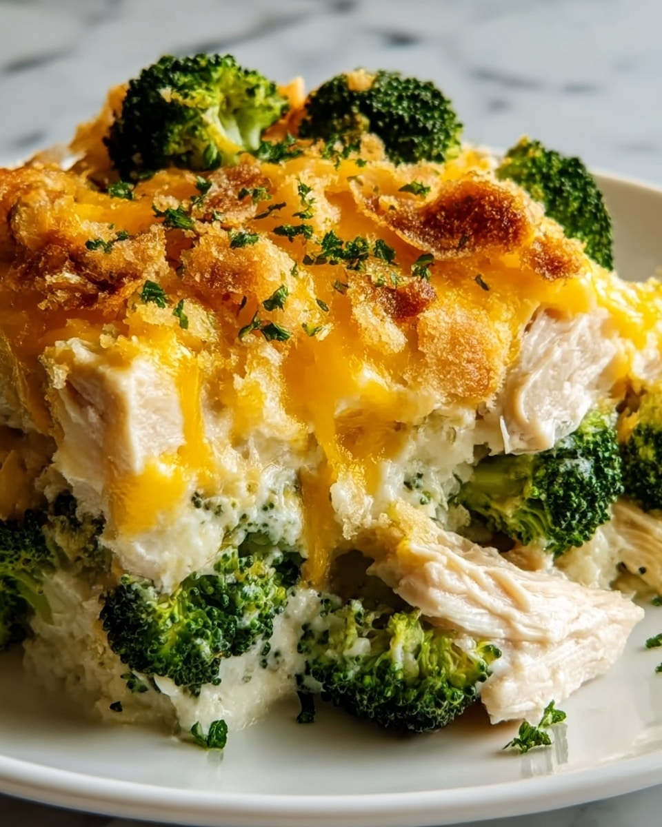 The dish shows a close-up of a layered casserole on a white plate placed on a white marbled surface. The bottom layer is creamy white with large pieces of cooked chicken visible. Above this is a mixture of bright green broccoli florets and creamy white sauce. The top layer is covered with melted golden-orange cheese with crispy golden-brown bits sprinkled throughout, adding a crunchy texture. Small green herb sprinkles are scattered on top for a fresh touch. Photo taken with an iphone --ar 4:5 --v 7