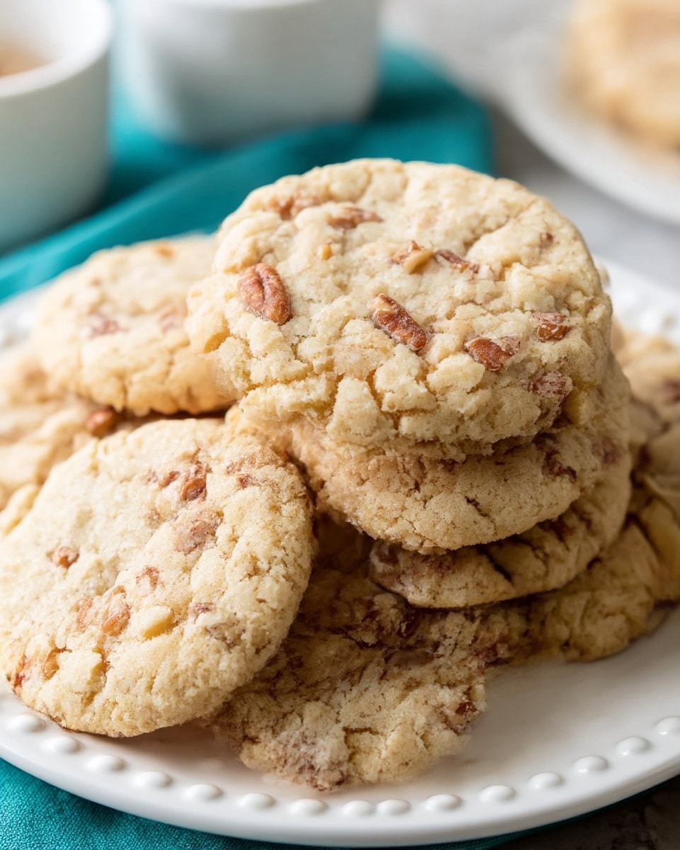 A stack of soft, round cookies with a light golden brown color is shown on a white plate with a dotted edge. The cookies have a slightly cracked surface texture and are studded with small pieces of chopped nuts, mainly pecans, which add a darker brown contrast throughout. The cookies are piled on each other in a slightly irregular arrangement, showing their thick, chewy texture. The background features a white marbled texture with a blurred white cup visible. photo taken with an iphone --ar 4:5 --v 7