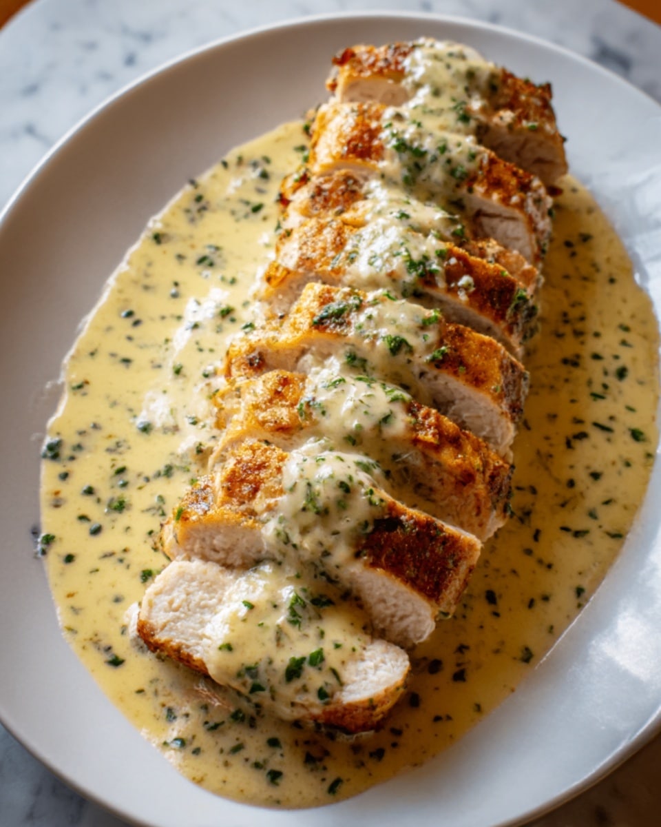 A white plate on a white marbled surface holds a sliced grilled chicken breast, cut into about ten pieces. The chicken is golden brown with a slightly crispy texture. A creamy light yellow sauce with green herbs is poured thickly over the top and around the base of the chicken slices, creating a smooth and rich look. The sauce has visible small green herb bits, giving it a fresh appearance. Photo taken with an iphone --ar 4:5 --v 7
