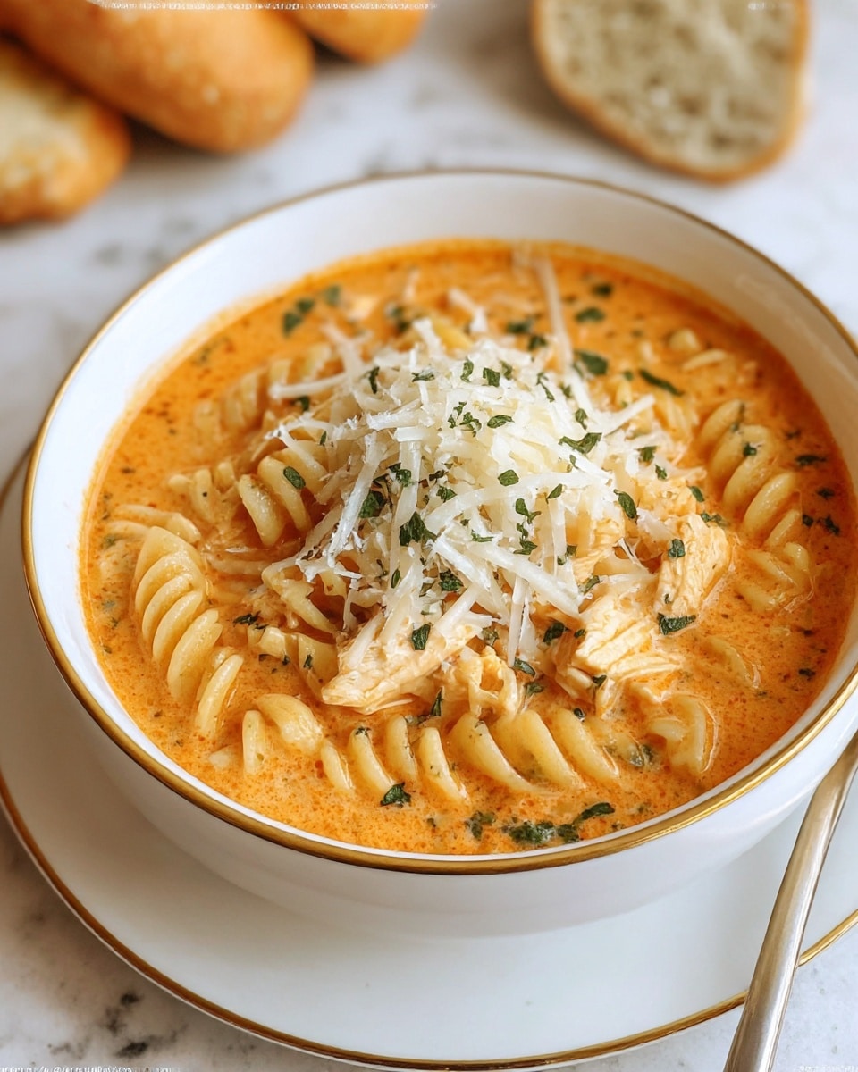 A white bowl with a thin gold rim holds a creamy orange soup filled with short spiral pasta and chunks of cooked chicken. On top, there is a generous pile of shredded white cheese sprinkled with small green herb bits, slightly melting into the warm soup. The bowl rests on a white marbled textured surface with pieces of bread blurred in the background. Photo taken with an iphone --ar 4:5 --v 7