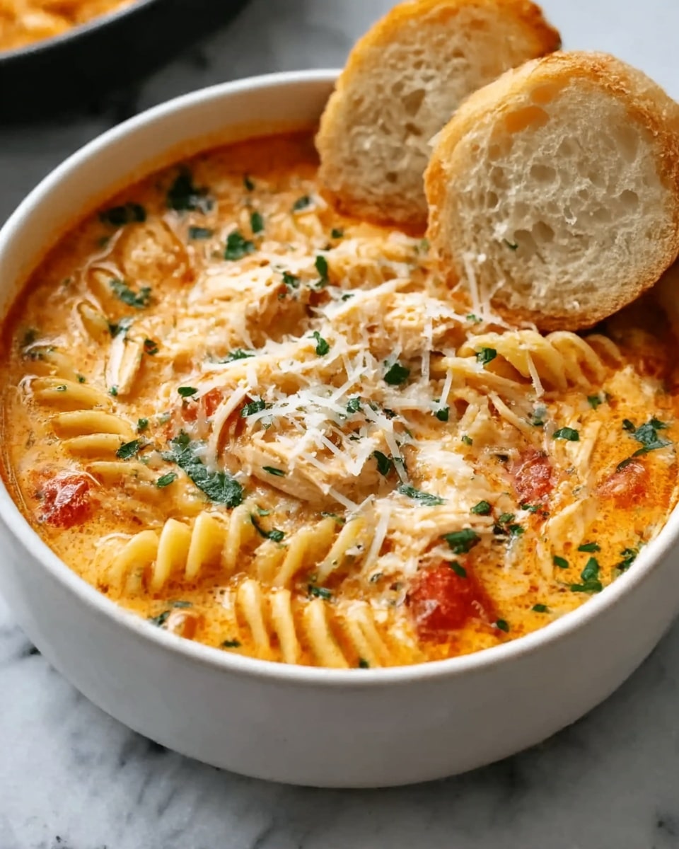 A white bowl filled with creamy chicken pasta soup sits on a white marbled surface. The soup has multiple layers: a thick orange creamy broth speckled with small red tomato pieces at the base, twisted pasta spirals and shredded chicken chunks mixed throughout, and a topping of finely grated cheese and small green herb bits scattered on top. Two slices of crusty white bread rest inside the bowl on the side, partially dipped in the soup. Photo taken with an iphone --ar 4:5 --v 7