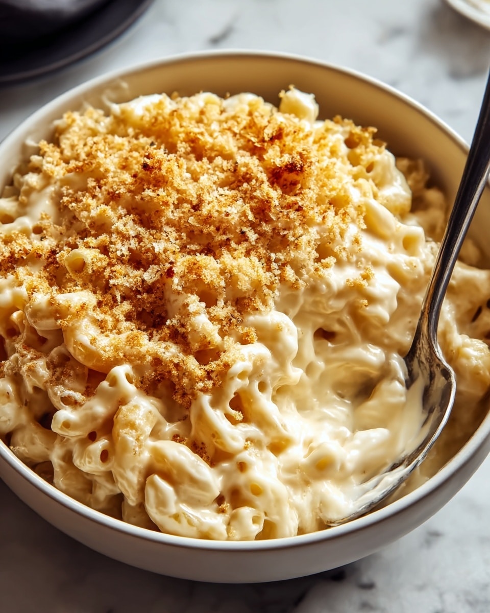 A close-up of a bowl with creamy macaroni and cheese showing distinct layers: the bottom layer is soft elbow macaroni in light beige, covered with thick melted cheese sauce in pale yellow with a smooth texture, topped with a layer of golden brown toasted breadcrumbs that add a crunchy look. The bowl is white, sitting on a white marbled surface, with a spoon partially dipped into the pasta on the right side of the bowl. Photo taken with an iphone --ar 4:5 --v 7