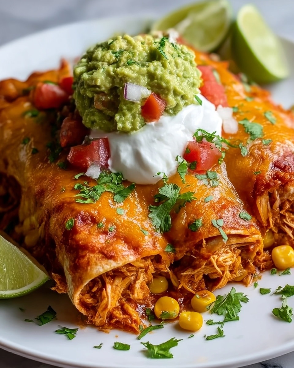 The image shows a close-up of a plate of enchiladas on a white plate, placed on a white marbled surface. The enchiladas have about two thick layers: the bottom layer is filled with shredded chicken mixed with corn, giving a yellowish and reddish texture, while the top layer is covered in melted orange cheese with a slightly crispy finish. On top of the enchiladas, there is a generous scoop of chunky guacamole made with green avocado pieces, small diced red tomatoes, and finely chopped red onions. A dollop of white sour cream sits in the center, sprinkled with fresh green chopped cilantro, which is also scattered on the food and plate edges. Two lime wedges rest beside the food in the upper corner. Photo taken with an iphone --ar 4:5 --v 7