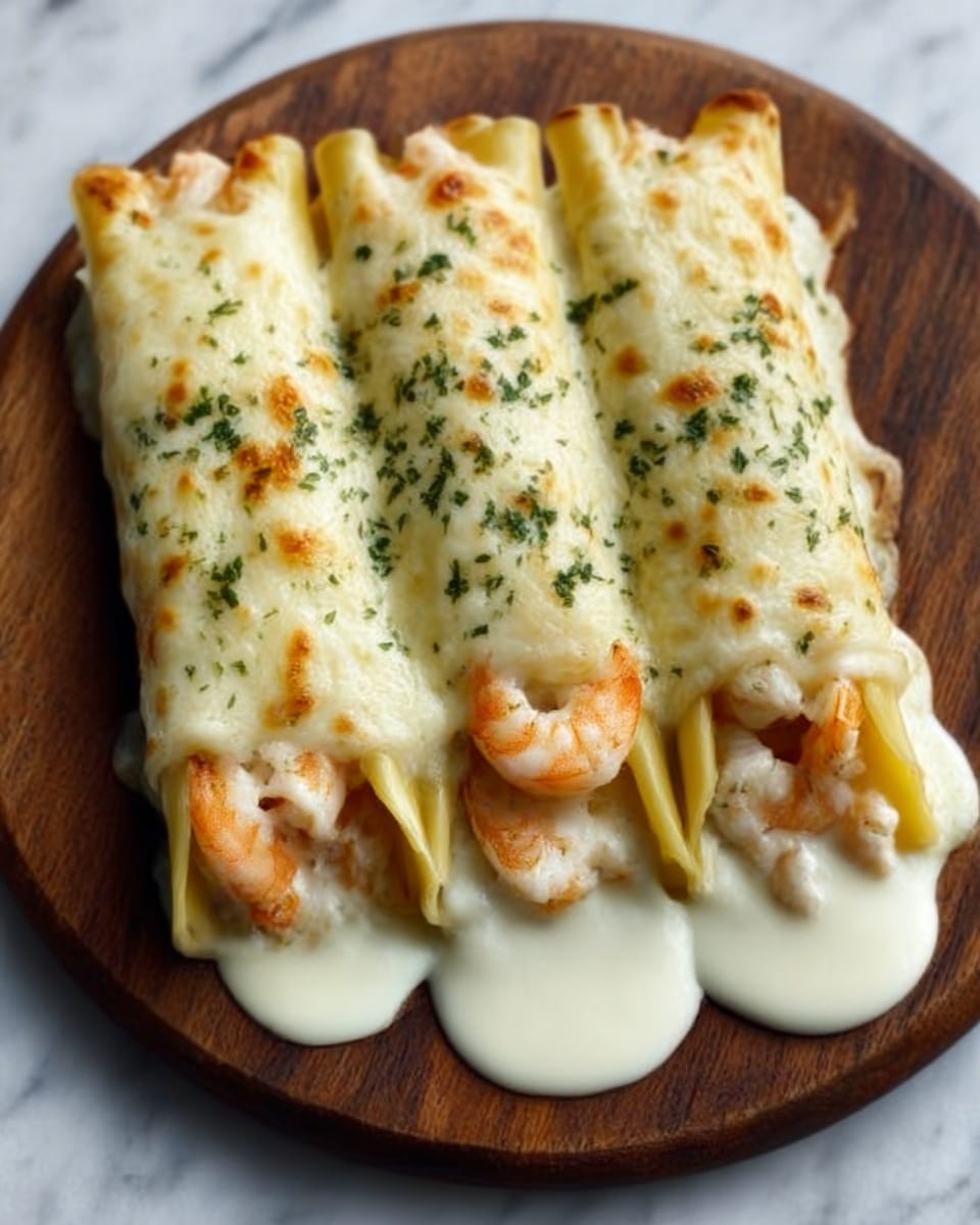 Three cannelloni pasta tubes are filled with a shrimp mixture and are placed side by side on a round wooden board. The tubes are covered with a thick layer of melted, golden-brown cheese that has some green herbs sprinkled over it. Each cannelloni shows creamy white sauce oozing out from the ends, adding smooth texture to the dish. The wooden board contrasts with the white marbled background beneath it. photo taken with an iphone --ar 4:5 --v 7