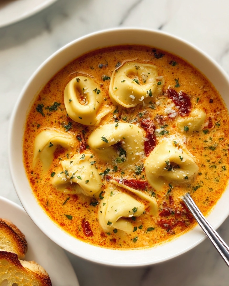 A white bowl filled with creamy orange-red soup, with eight tortellini pasta pieces floating on top. The tortellini are pale yellow with smooth texture, sprinkled with finely chopped green herbs and grated white cheese. There are small bits of red, possibly sun-dried tomatoes, mixed in the soup. A silver spoon is placed inside the bowl on the right side. The bowl is set on a white marbled surface, with a piece of toasted bread partly visible on a white plate in the bottom left corner. photo taken with an iphone --ar 4:5 --v 7