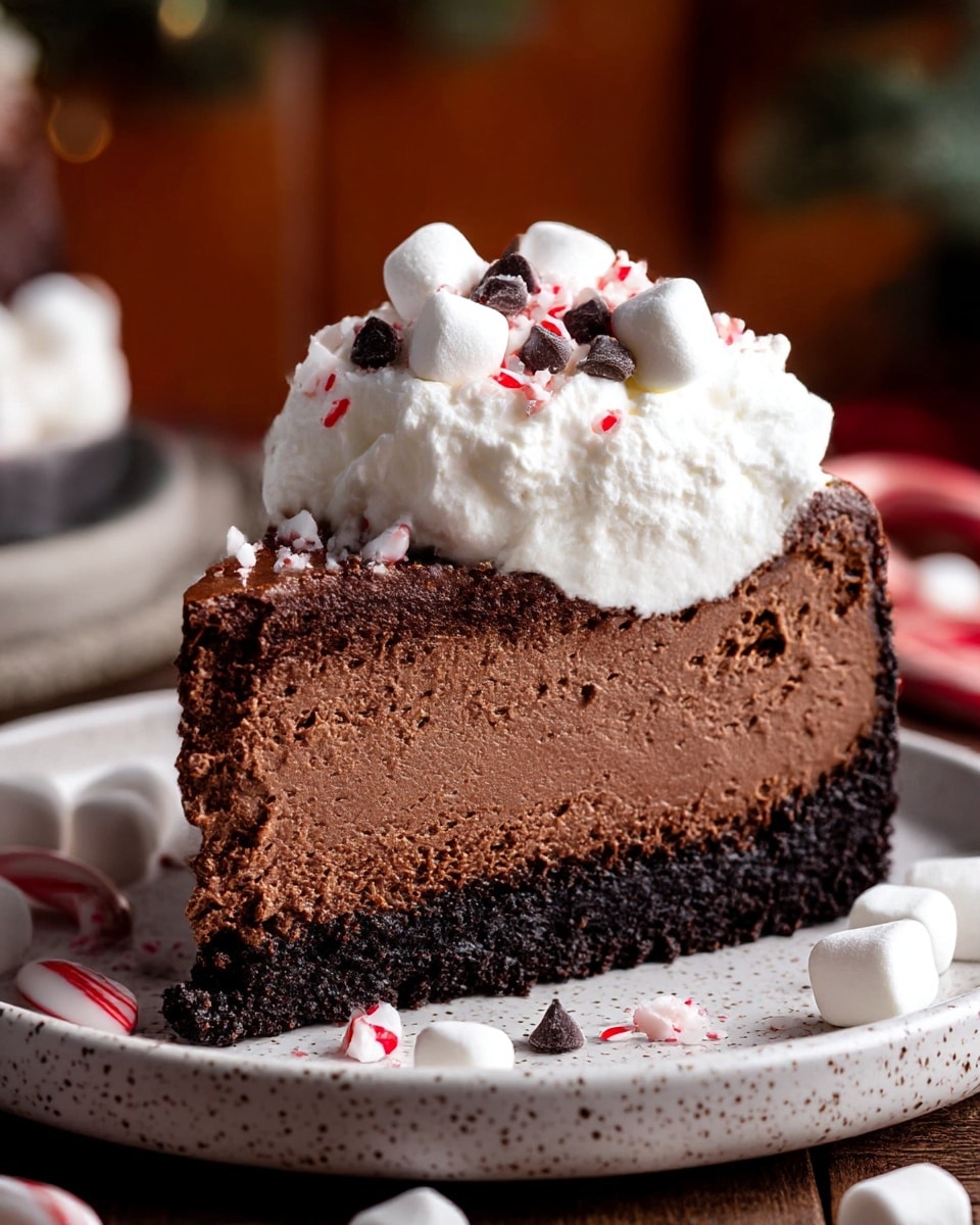 A slice of rich chocolate cheesecake with four visible layers sits on a white speckled plate; the bottom layer is a dark crumbly crust, followed by a thick, dense chocolate cheesecake layer in the middle with a smooth surface, topped by a generous fluffy white whipped cream layer that has a soft, airy texture. On the whipped cream are small white marshmallows, miniature dark chocolate chips, and bits of red and white crushed candy cane scattered evenly. The plate rests on a wooden surface with scattered mini marshmallows and candy cane pieces around it against a blurred background with warm tones. Photo taken with an iphone --ar 4:5 --v 7