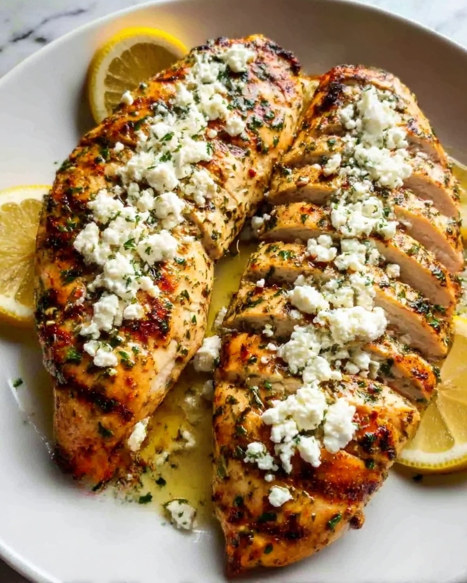 Two grilled chicken breasts are sliced and laid out side by side on a white plate. The chicken is golden brown with visible grill marks and seasoned with herbs and spices that add flecks of green and red on the surface. Crumbled white cheese is generously sprinkled in a line down the center of the chicken, contrasting with the darker grilled meat. Around the edges of the plate, lemon slices add a bright yellow accent. The plate sits on a white marbled surface. Photo taken with an iphone --ar 4:5 --v 7