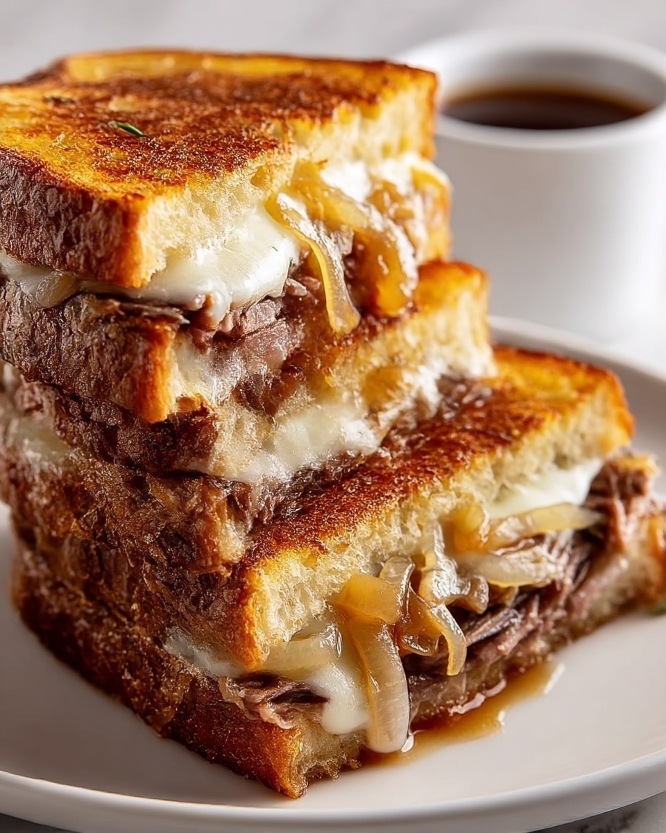 A close-up view of a grilled sandwich cut in half and stacked, showing three main layers inside two slices of golden-brown crusted bread with a crispy texture. The bottom layer contains thin slices of dark brown cooked meat, followed by a middle layer of melted white cheese stretched between the halves. On top of the cheese, caramelized onions add a shiny, soft texture with a light golden color. The sandwich sits on a white plate with a small white cup of dark dipping sauce in the background on a white marbled surface. Photo taken with an iphone --ar 4:5 --v 7
