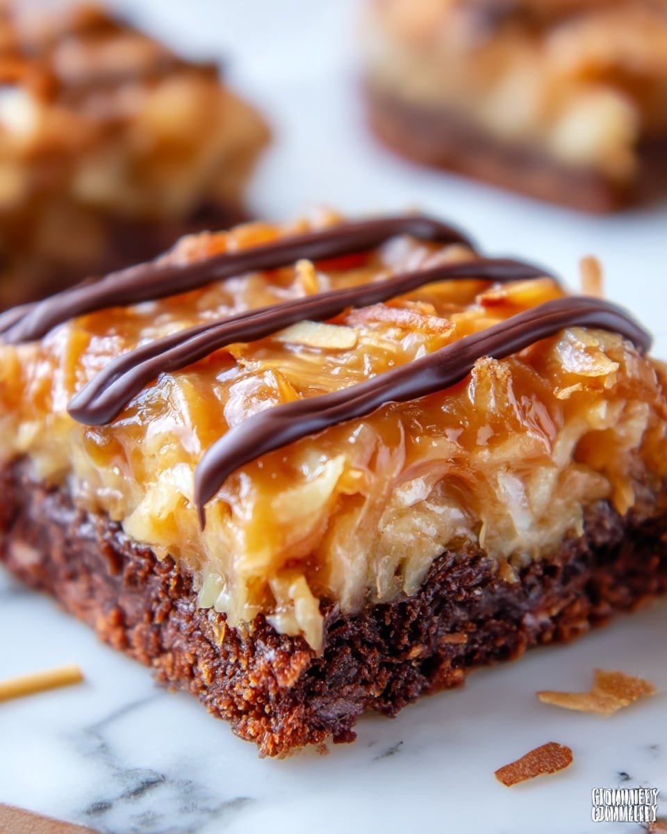 A close-up of a single square dessert bar with two layers: the bottom layer is dark brown, moist, and crumbly, looking like a chocolate brownie, while the top layer is a thick, golden caramel and shredded coconut mixture, glossy and sticky. On top of the coconut layer, two thin lines of dark chocolate drizzle run horizontally across. The bar sits on a white marbled surface, with a small blurred piece of the dessert visible in the background. Photo taken with an iphone --ar 4:5 --v 7