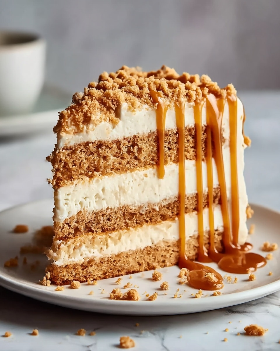 A slice of cake with three layers: two thick, crumbly light brown cake layers and a middle thick white creamy layer. The top of the cake has a layer of white frosting covered by crumbly light brown topping. On the right side of the cake, caramel sauce drips down with multiple golden-brown streaks. The cake slice sits on a white plate with scattered crumbs around it, placed on a white marbled texture surface. Photo taken with an iphone --ar 4:5 --v 7