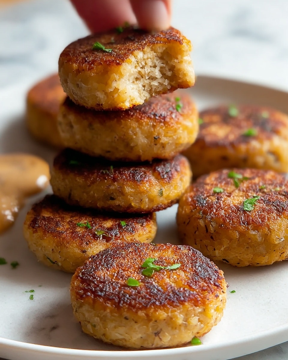 The image shows six golden brown crispy patties arranged on a white plate placed on a white marbled surface. Each patty is round and thick, with a browned, slightly rough texture on the top and sides, indicating they are well-fried. Small green herb pieces are lightly sprinkled on top of the patties, adding a fresh contrast to the warm, toasted color. One patty is lifted above the plate by a woman's hand, showing its thick, dense texture from the bottom. In the background, a dollop of light brown sauce is placed beside the patties, adding an extra element to the dish. photo taken with an iphone --ar 4:5 --v 7