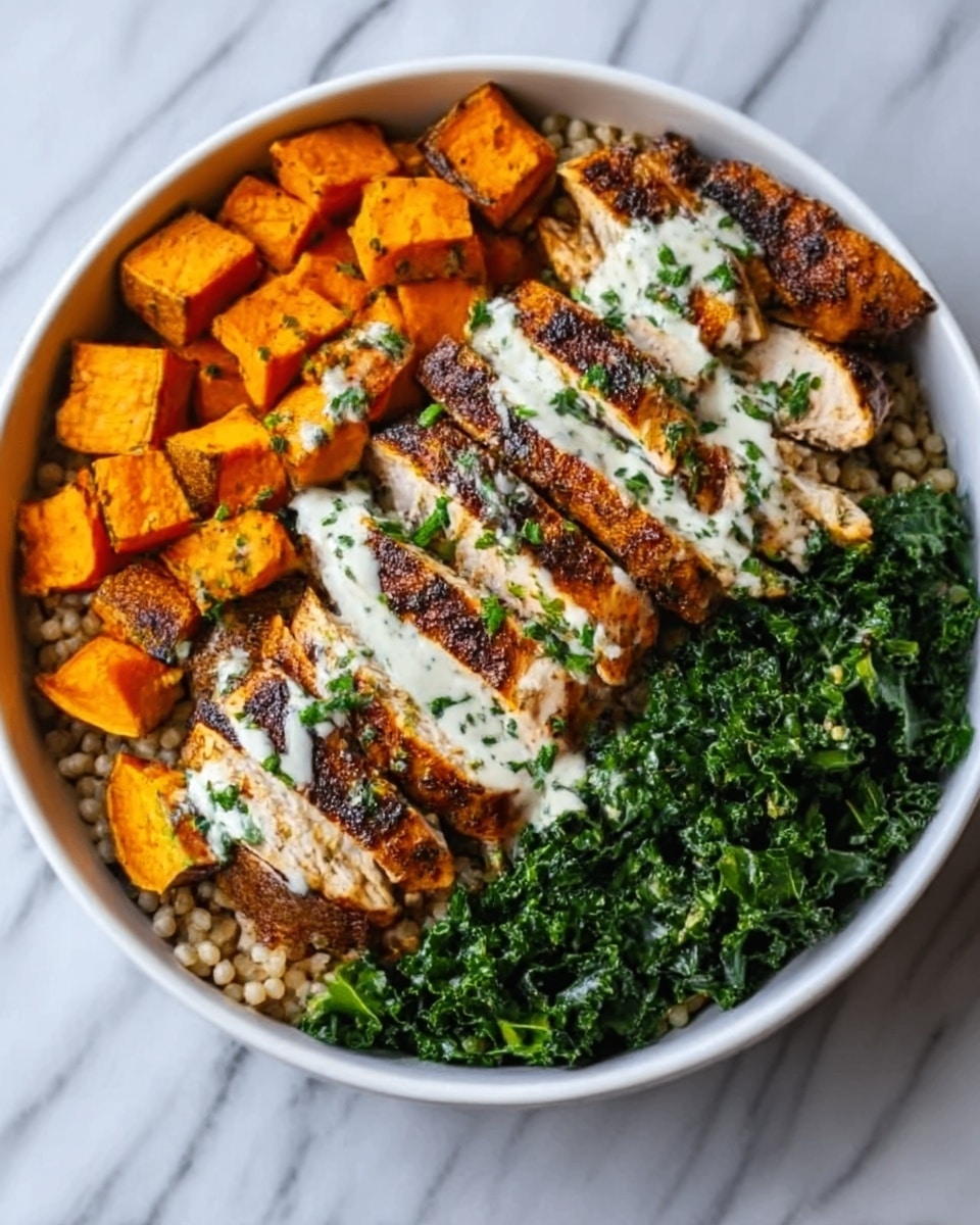 The image shows a white bowl filled with a colorful roasted meal on a white marbled surface. The bottom layer is a bed of light brown grains. On top, there are three main groups: bright orange roasted sweet potato cubes on the left, dark brown grilled chicken slices in the middle with a drizzle of creamy white sauce and green herbs, and finely chopped dark green kale on the right. The textures include the crispy chicken skin, soft roasted potatoes, and fresh greens. photo taken with an iphone --ar 4:5 --v 7