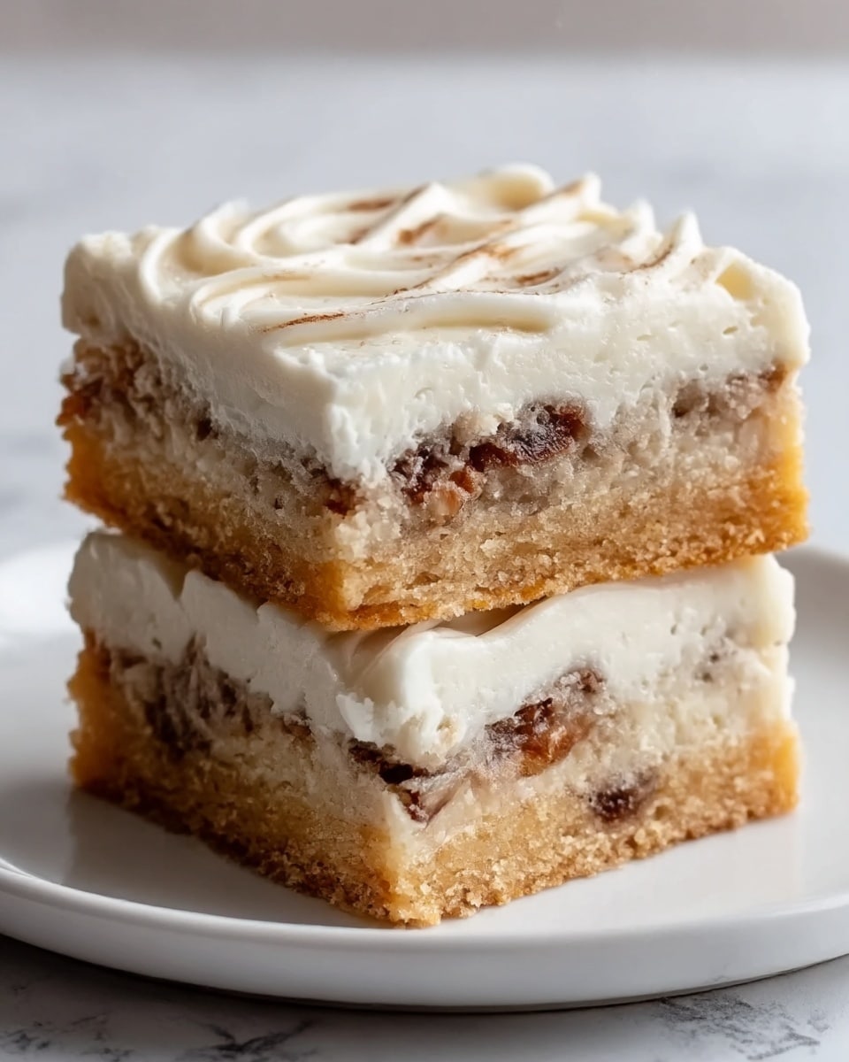 The image shows two square-shaped dessert bars stacked on a white plate with a white marbled background. Each bar has three clear layers: the bottom and middle layers are light golden brown with a crumbly texture, likely a crust or cookie base, and the center of the middle layer has bits of dark brown, probably melted chocolate or nuts. The top layer is thick and creamy with a smooth, white frosting spread evenly, decorated with a light drizzle of more frosting in a swirl pattern. The dessert looks moist and soft, with a slight shine on the frosting. Photo taken with an iphone --ar 4:5 --v 7