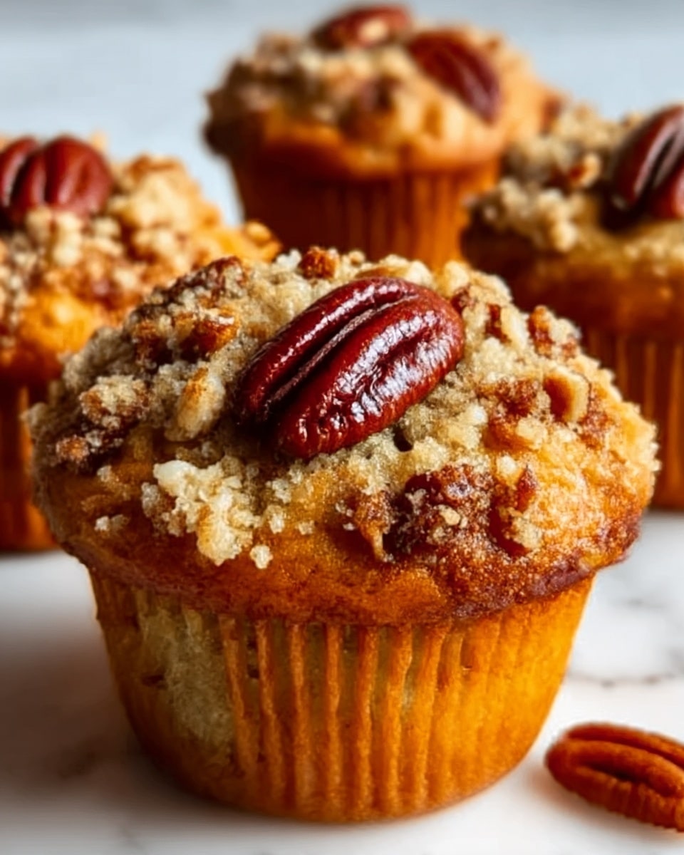 A close-up image of a golden brown muffin topped with a large glossy pecan on the center and sprinkled with crunchy streusel and smaller pecan pieces over the muffin top. The muffin wrapper is a warm brown color and the texture looks soft and moist inside. The background shows more muffins slightly out of focus, all placed on a white marbled surface. photo taken with an iphone --ar 4:5 --v 7